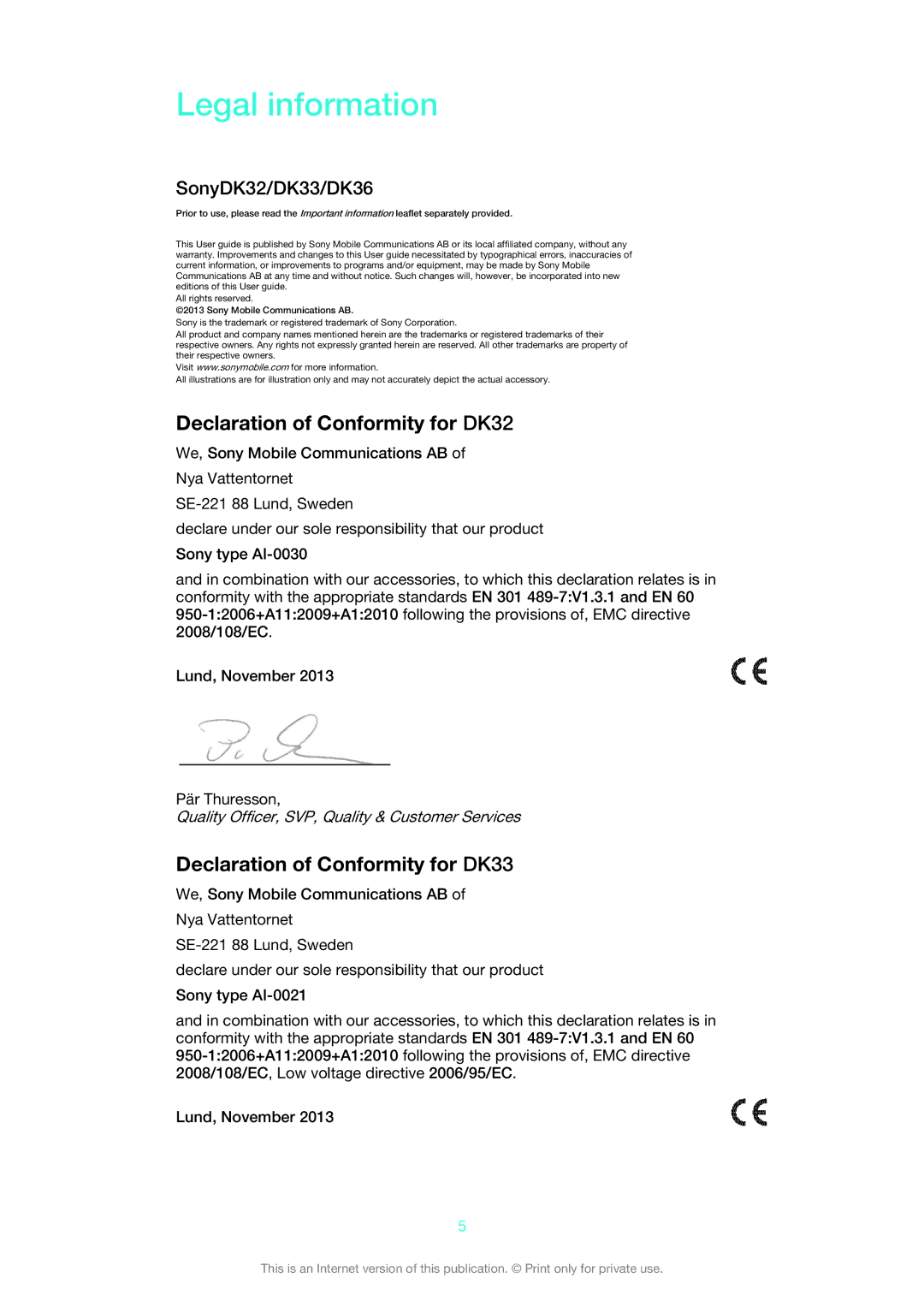 Sony Legal information, Declaration of Conformity for DK32, Declaration of Conformity for DK33, SonyDK32/DK33/DK36 