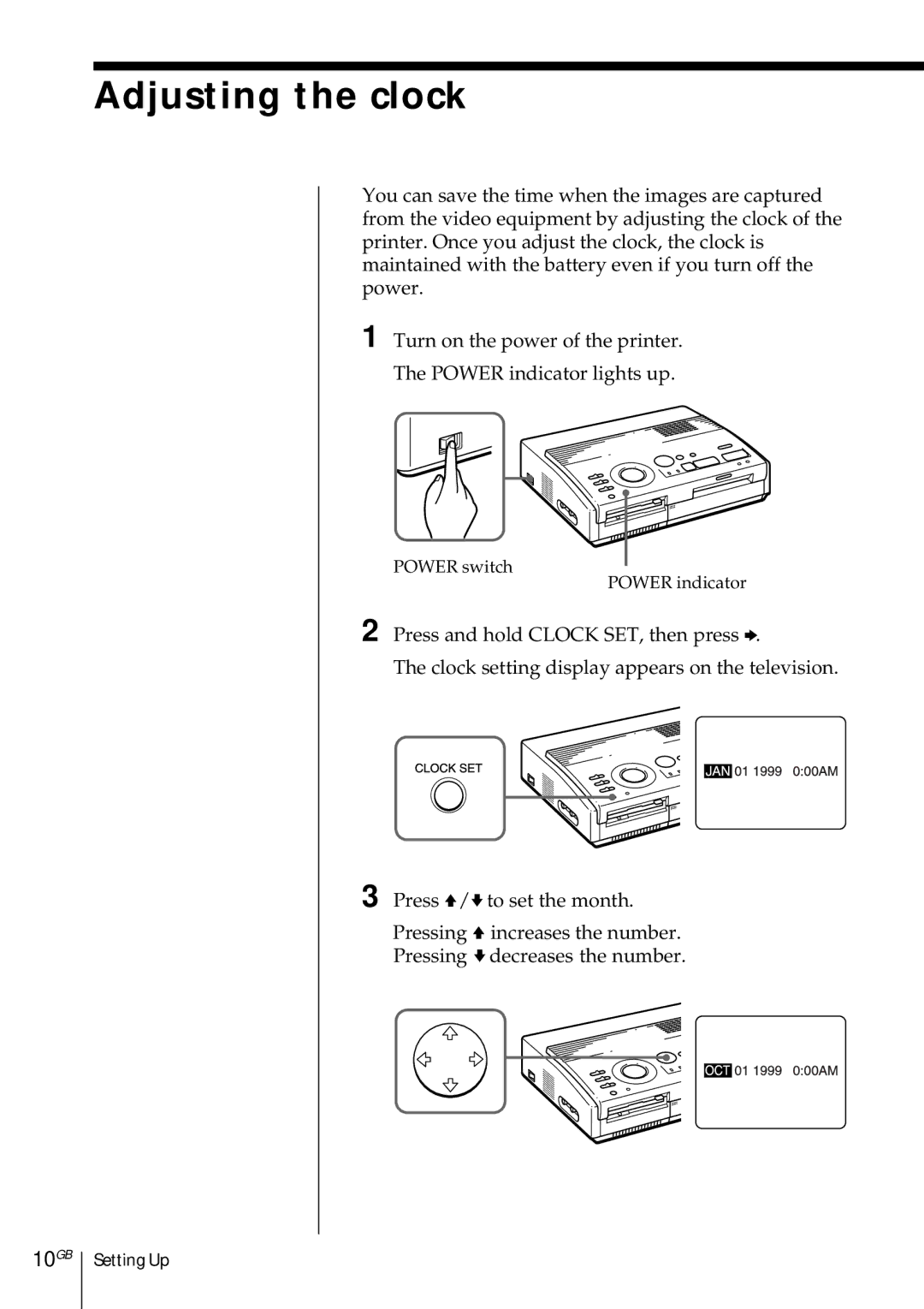 Sony DMP-1000 manual Adjusting the clock, 10GB 