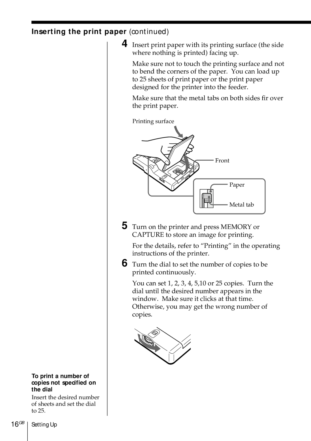 Sony DMP-1000 manual Inserting the print paper, 16GB, To print a number of copies not specified on the dial 