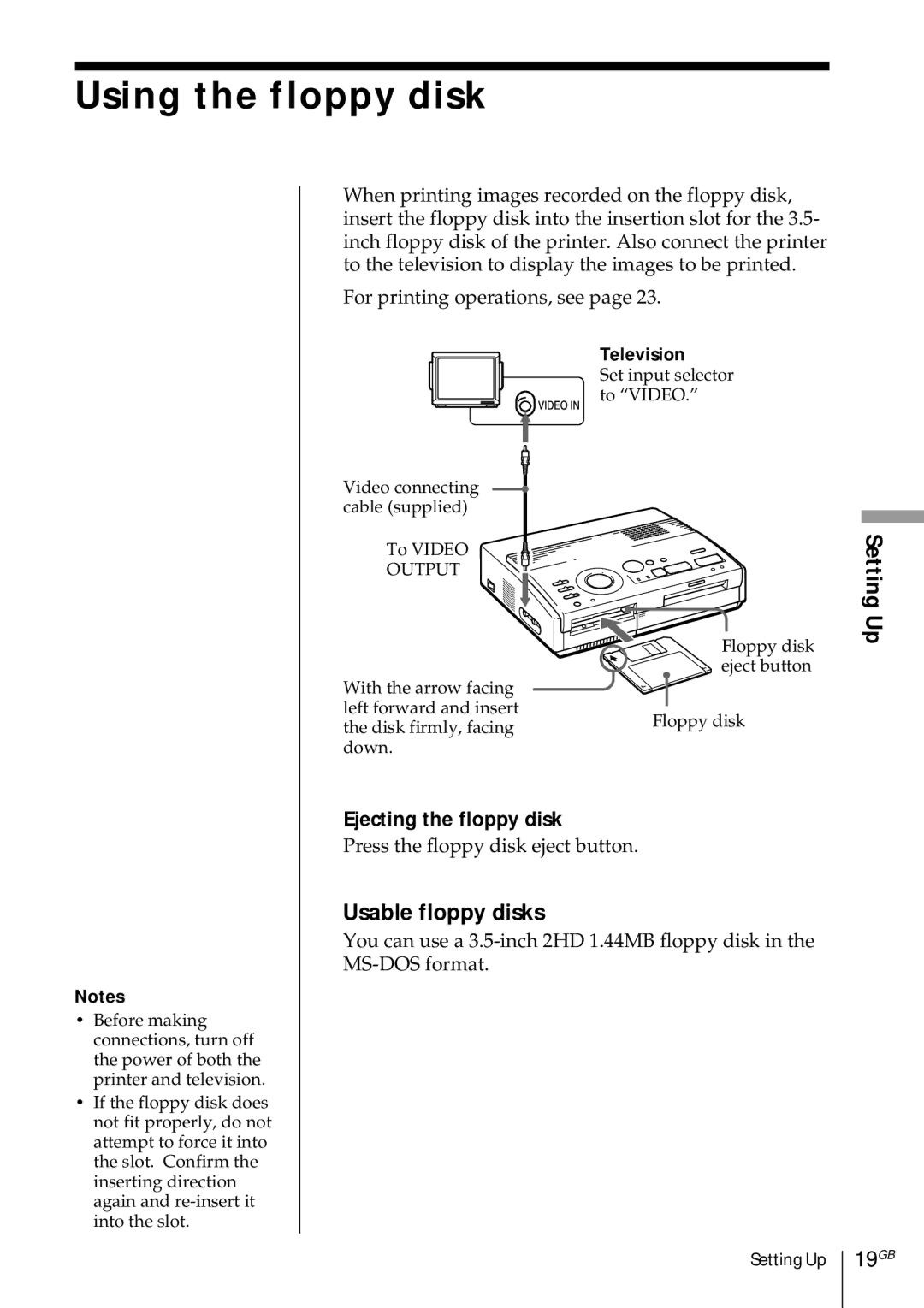 Sony DMP-1000 manual Using the floppy disk, Usable floppy disks, Ejecting the floppy disk 