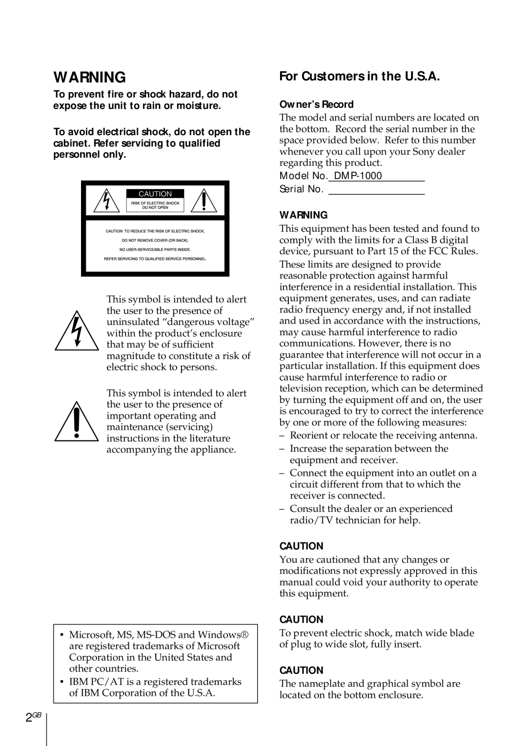 Sony DMP-1000 manual For Customers in the U.S.A, Owner’s Record 