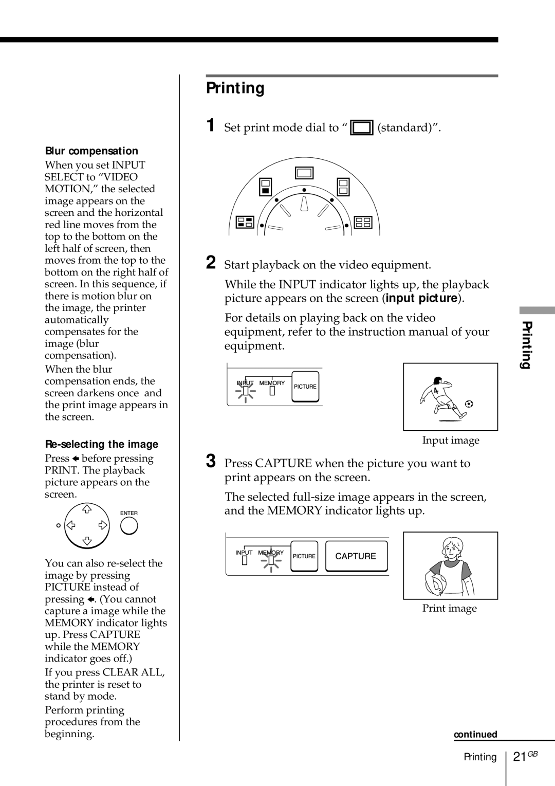 Sony DMP-1000 manual Printing, 21GB, Blur compensation, Re-selecting the image 