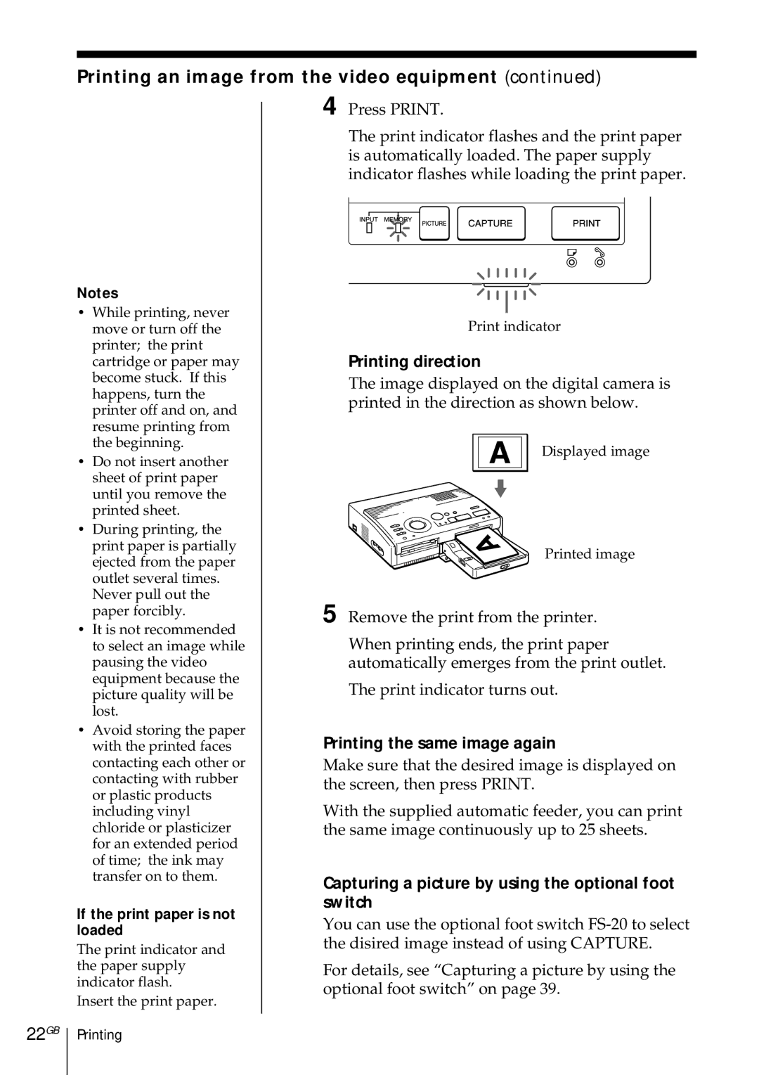 Sony DMP-1000 manual Printing an image from the video equipment, 22GB, Printing direction, Printing the same image again 