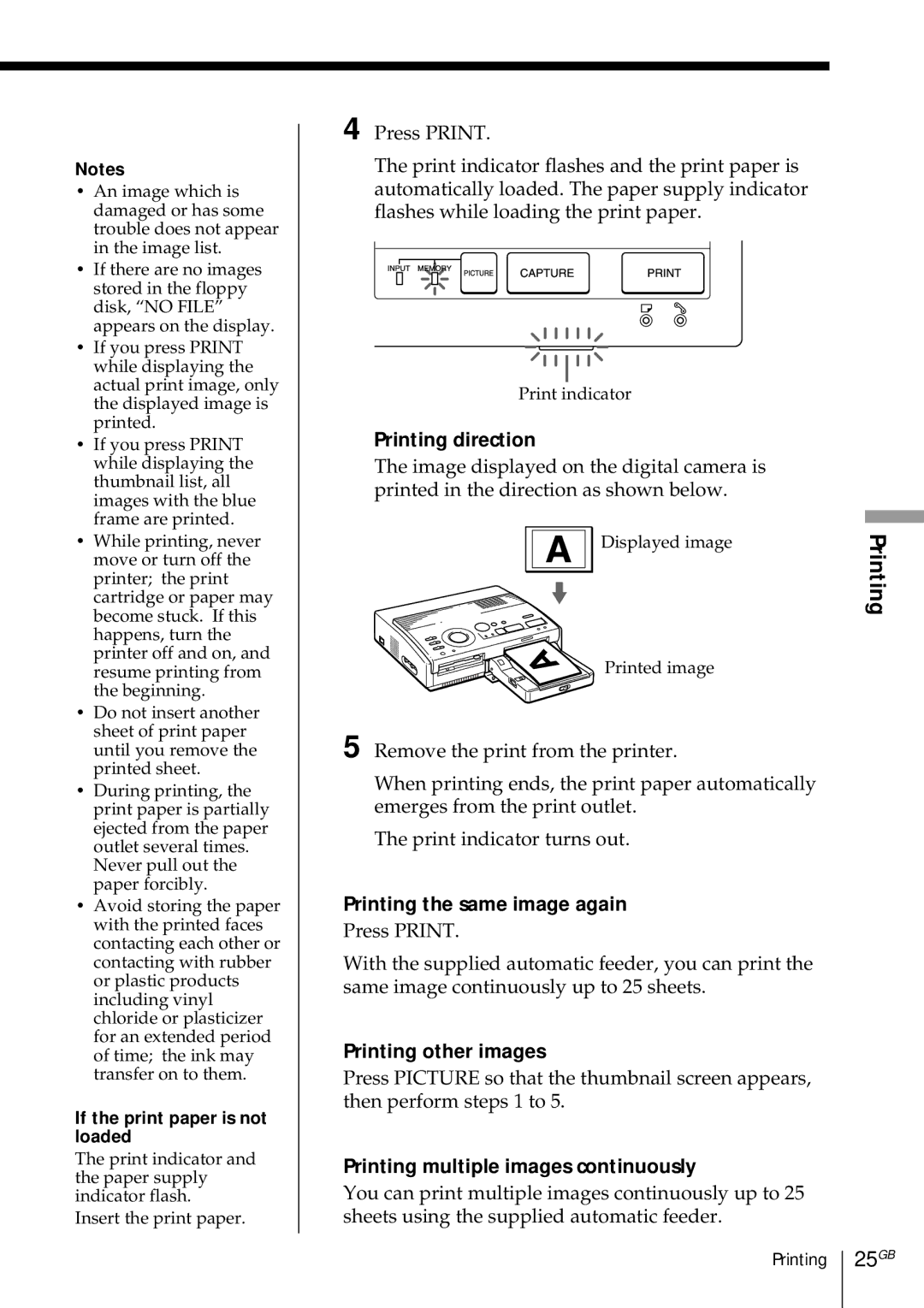 Sony DMP-1000 manual Printing other images, Printing multiple images continuously 