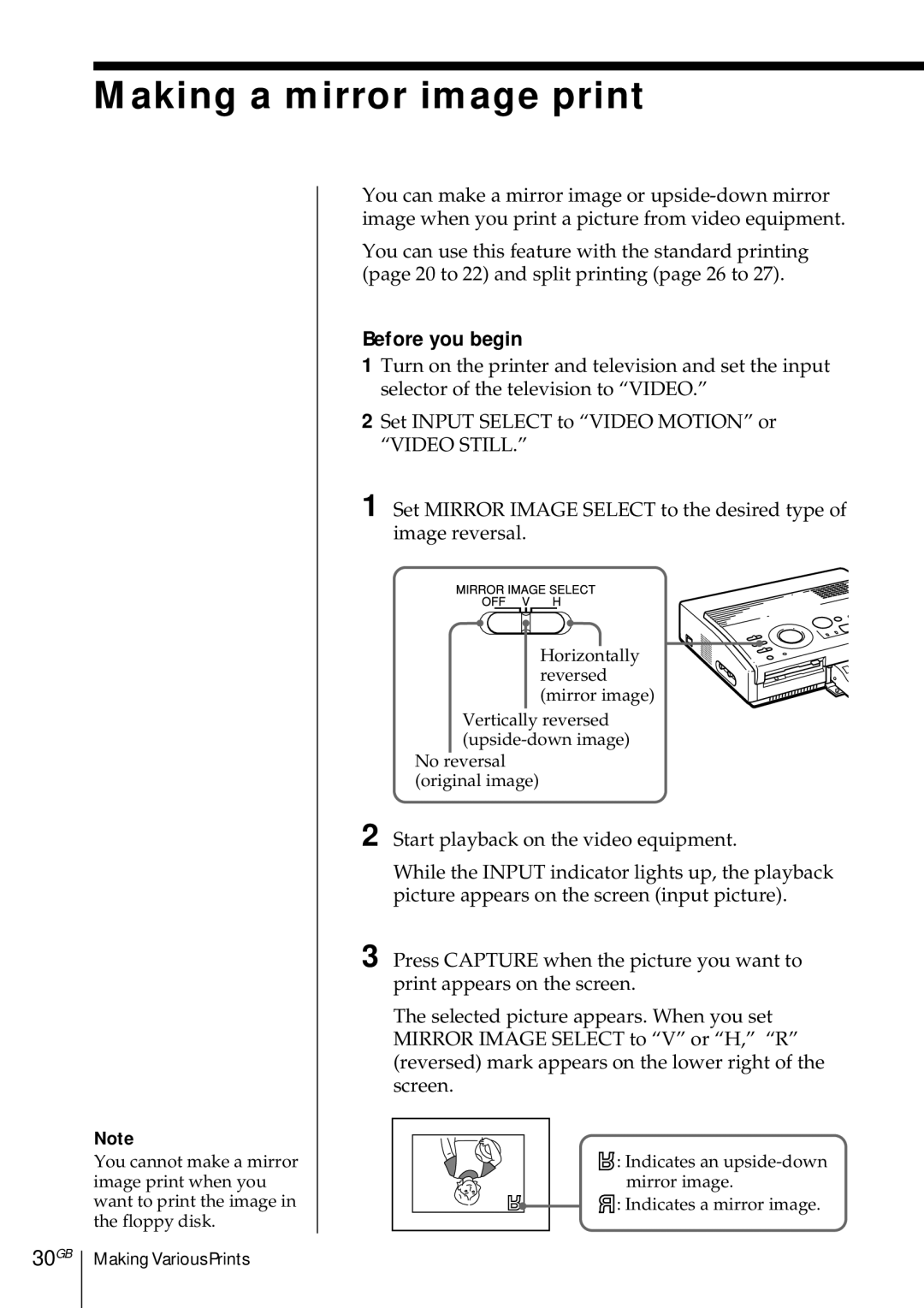 Sony DMP-1000 manual Making a mirror image print, 30GB 