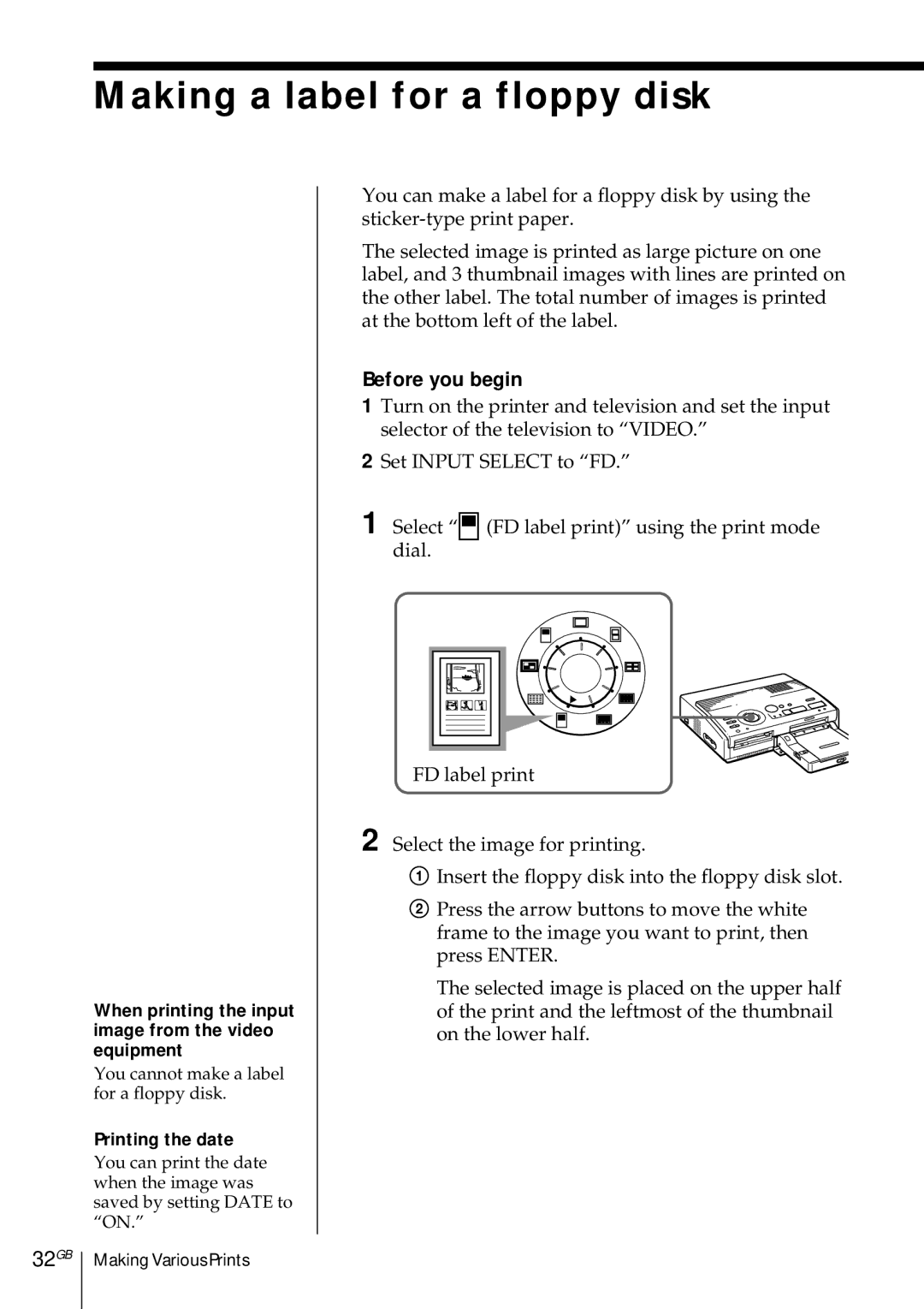 Sony DMP-1000 manual Making a label for a floppy disk, 32GB, When printing the input image from the video equipment 