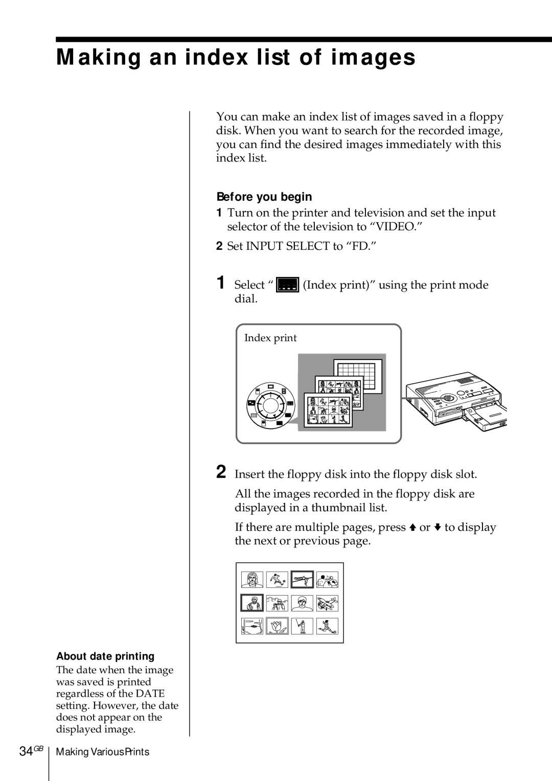 Sony DMP-1000 manual Making an index list of images, 34GB, About date printing 