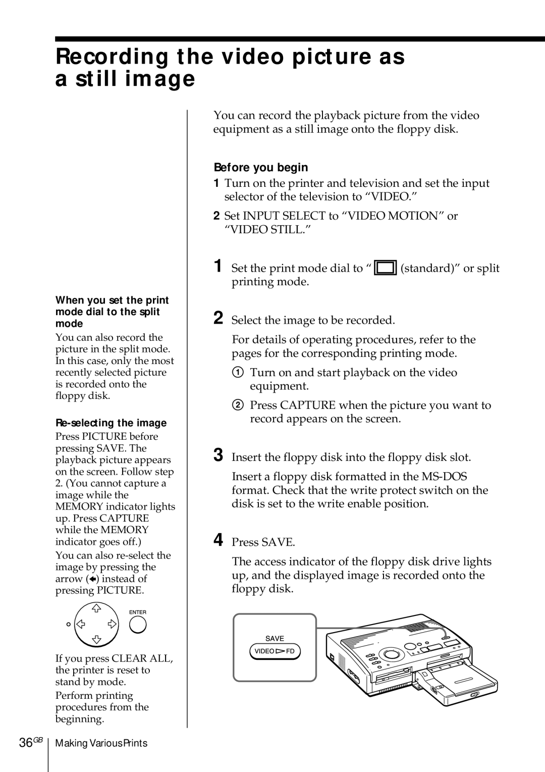 Sony DMP-1000 manual Recording the video picture as a still image, 36GB, When you set the print mode dial to the split mode 