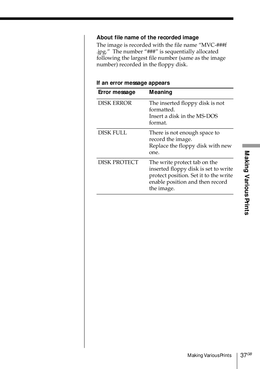 Sony DMP-1000 manual 37GB, About file name of the recorded image, If an error message appears Error message Meaning 