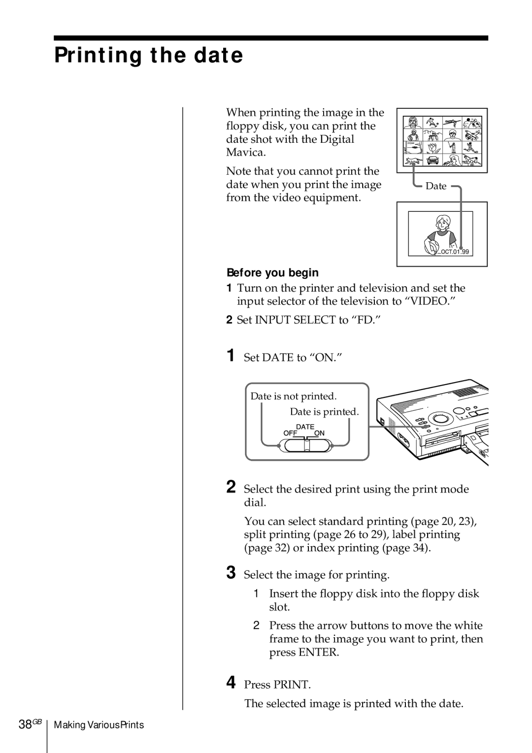 Sony DMP-1000 manual Printing the date, 38GB 