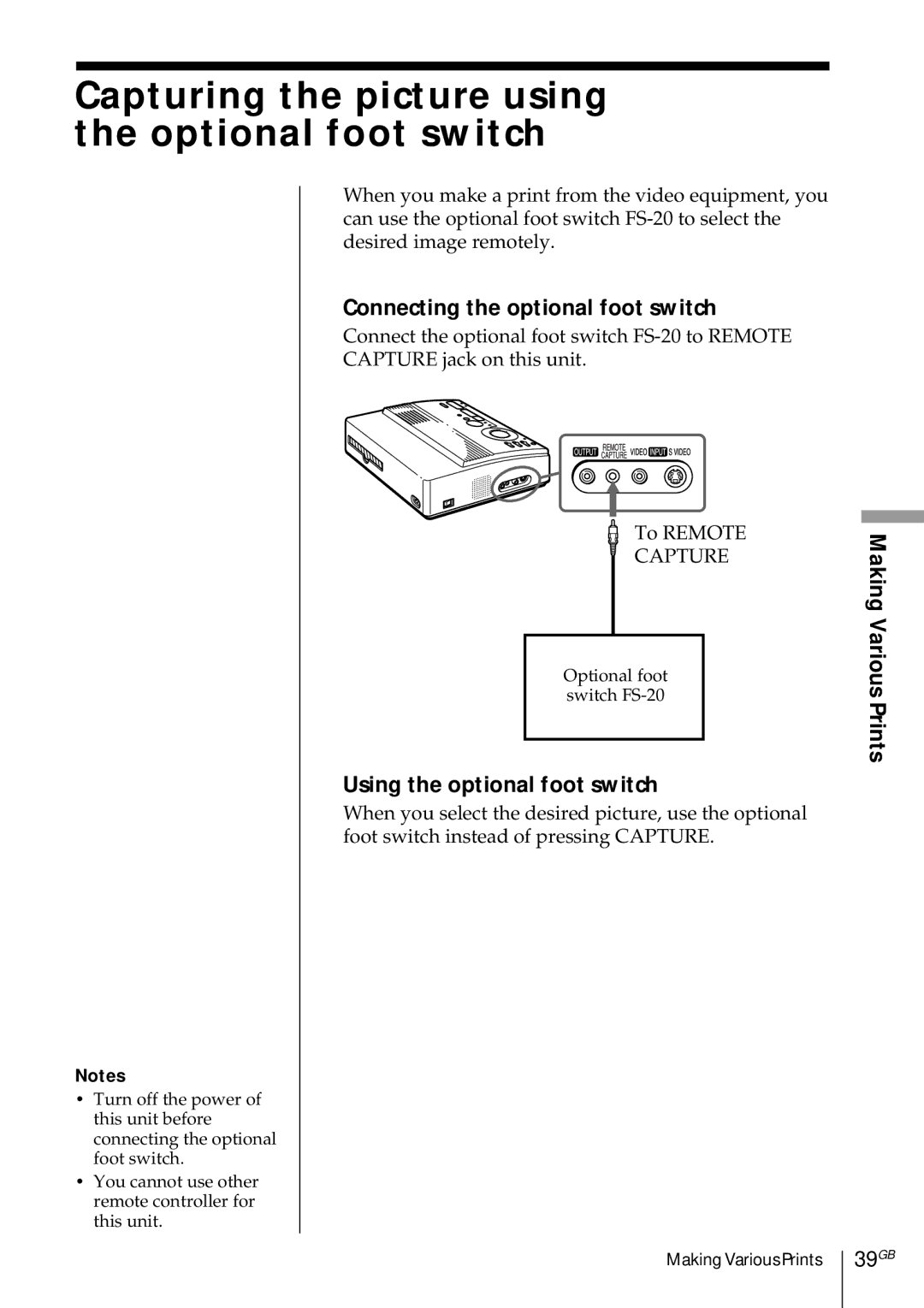 Sony DMP-1000 manual Capturing the picture using the optional foot switch, Connecting the optional foot switch, 39GB 