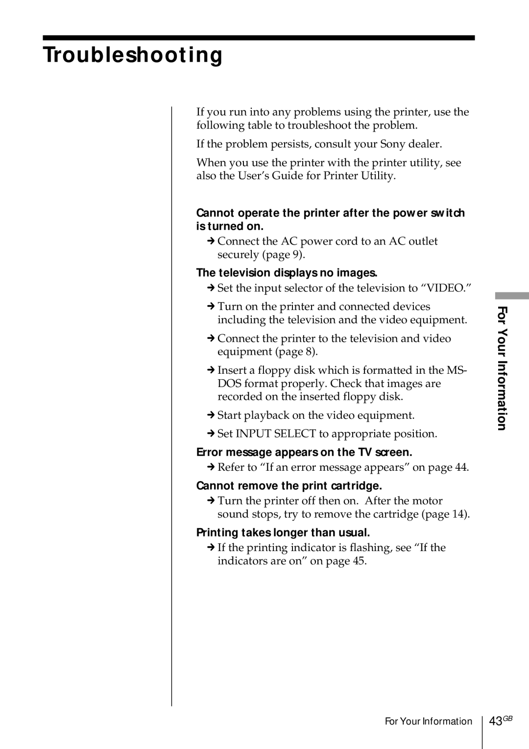 Sony DMP-1000 manual Troubleshooting, 43GB 