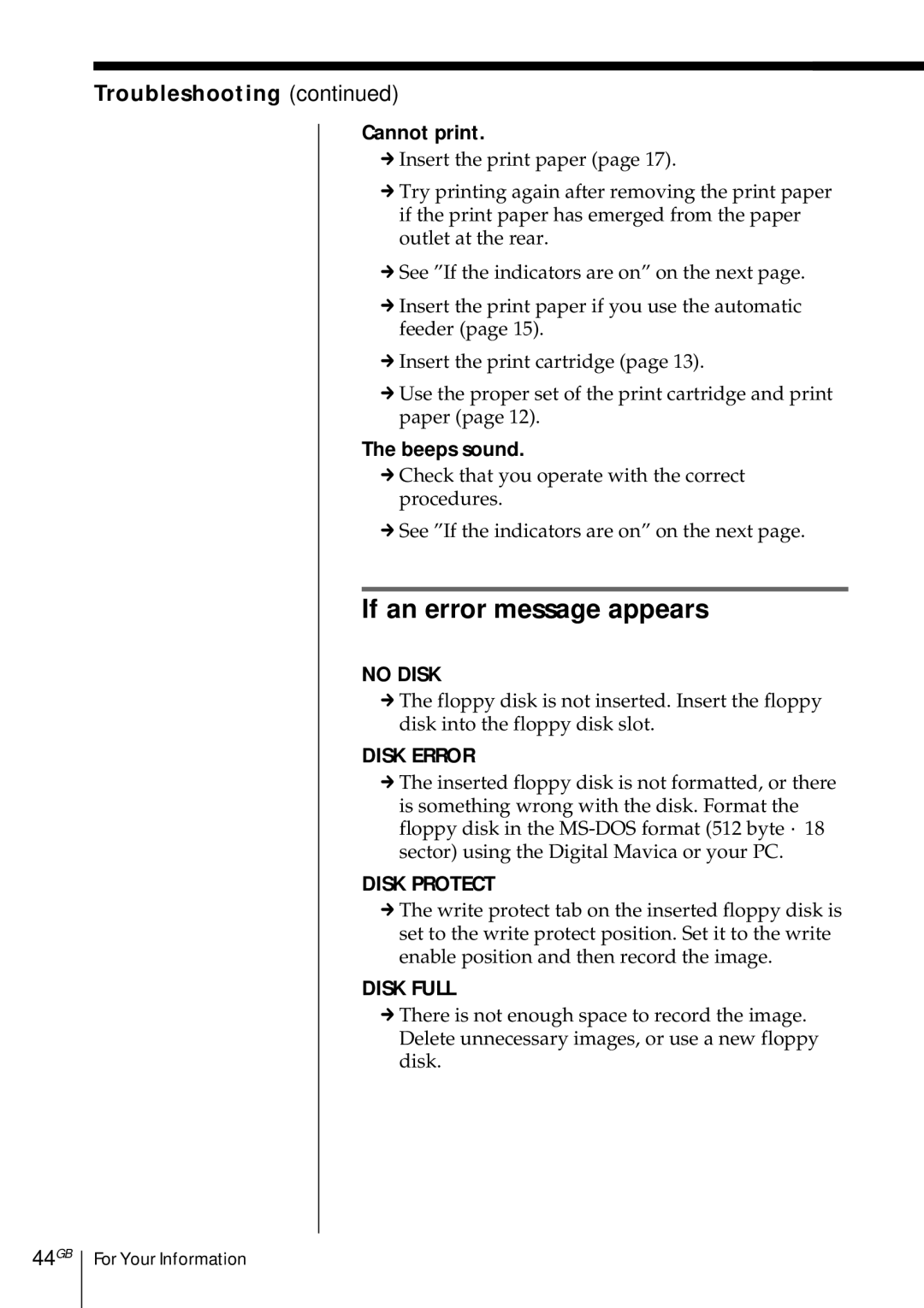 Sony DMP-1000 manual If an error message appears, Troubleshooting, 44GB, Cannot print, Beeps sound 