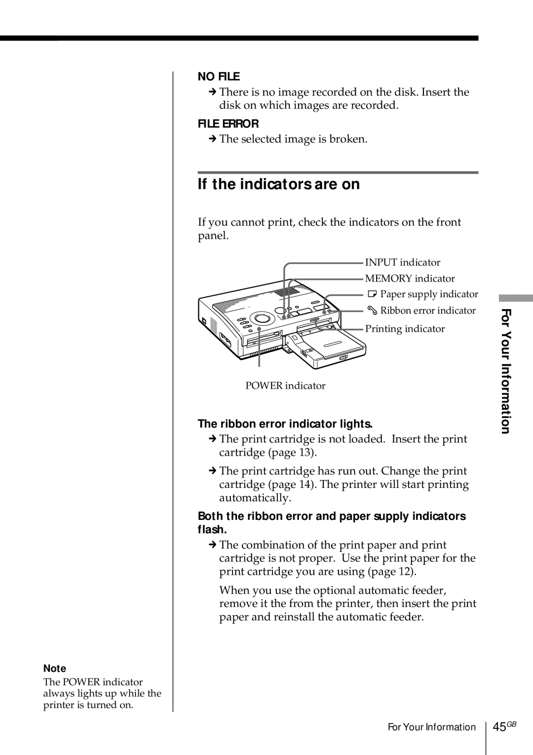 Sony DMP-1000 manual If the indicators are on, Your, For, Ribbon error indicator lights 