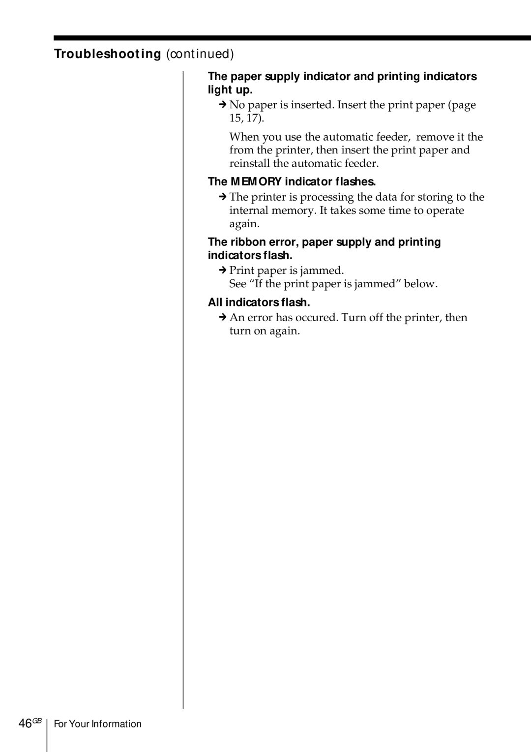 Sony DMP-1000 manual 46GB, Paper supply indicator and printing indicators light up, Memory indicator flashes 