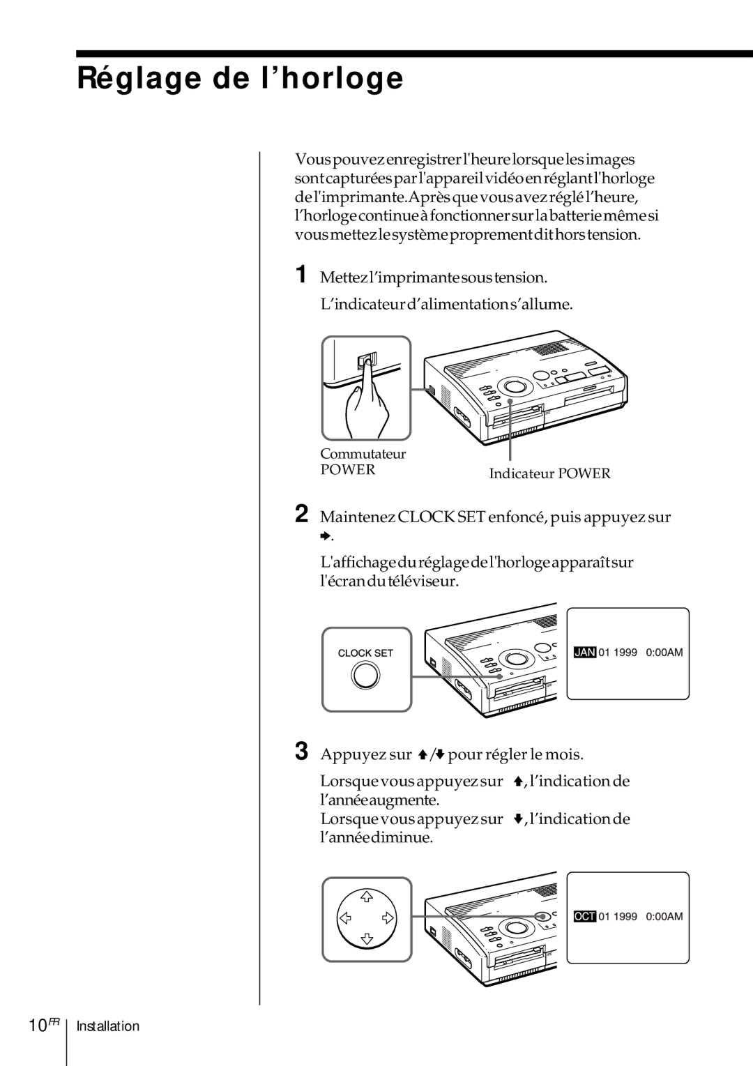 Sony DMP-1000 manual Réglage de l’horloge, 10FR 