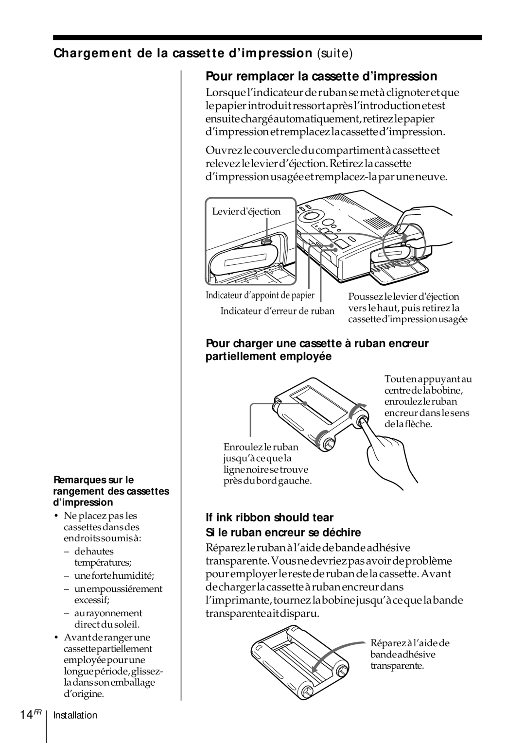 Sony DMP-1000 manual 14FR, Remarques sur le, Rangement des cassettes ’impression 