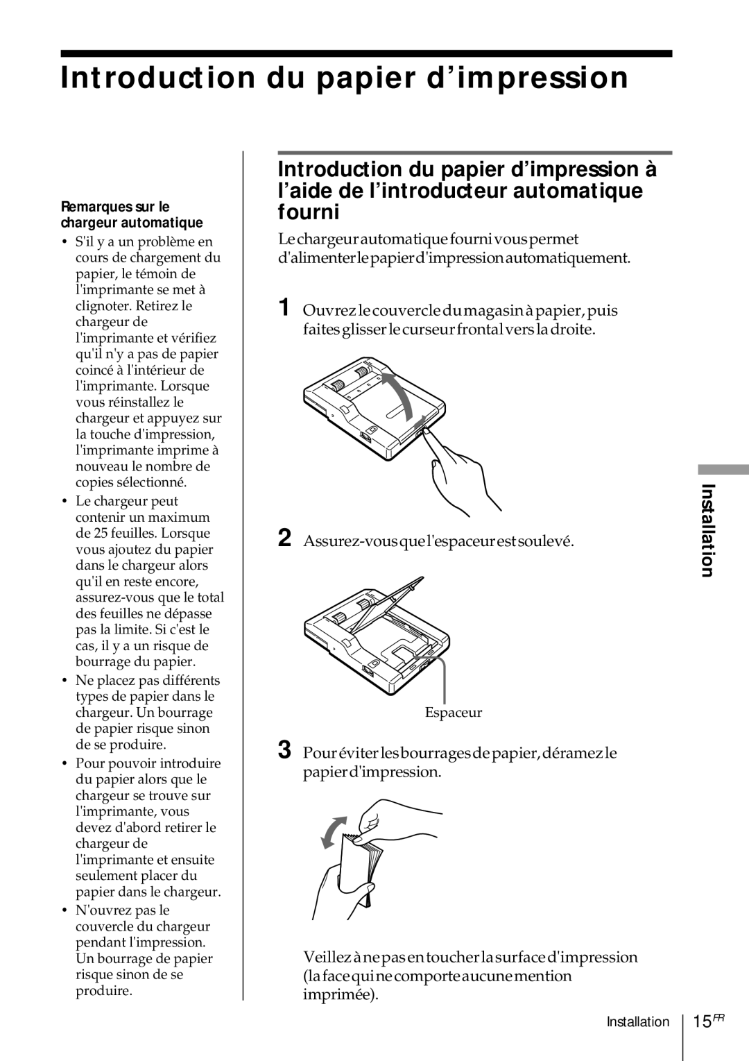 Sony DMP-1000 manual Introduction du papier d’impression, 15FR 