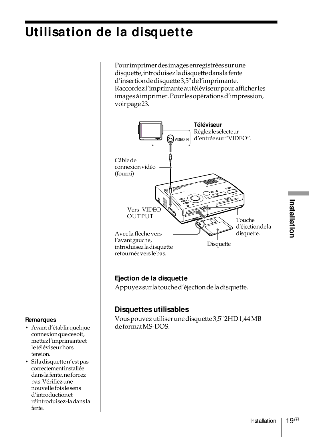 Sony DMP-1000 manual Utilisation de la disquette, Disquettes utilisables, Ejection de la disquette, Téléviseur 