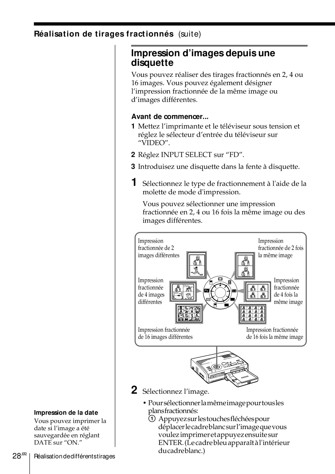 Sony DMP-1000 manual Impression d’images depuis une disquette, Réalisation de tirages fractionnés suite, 28FR 