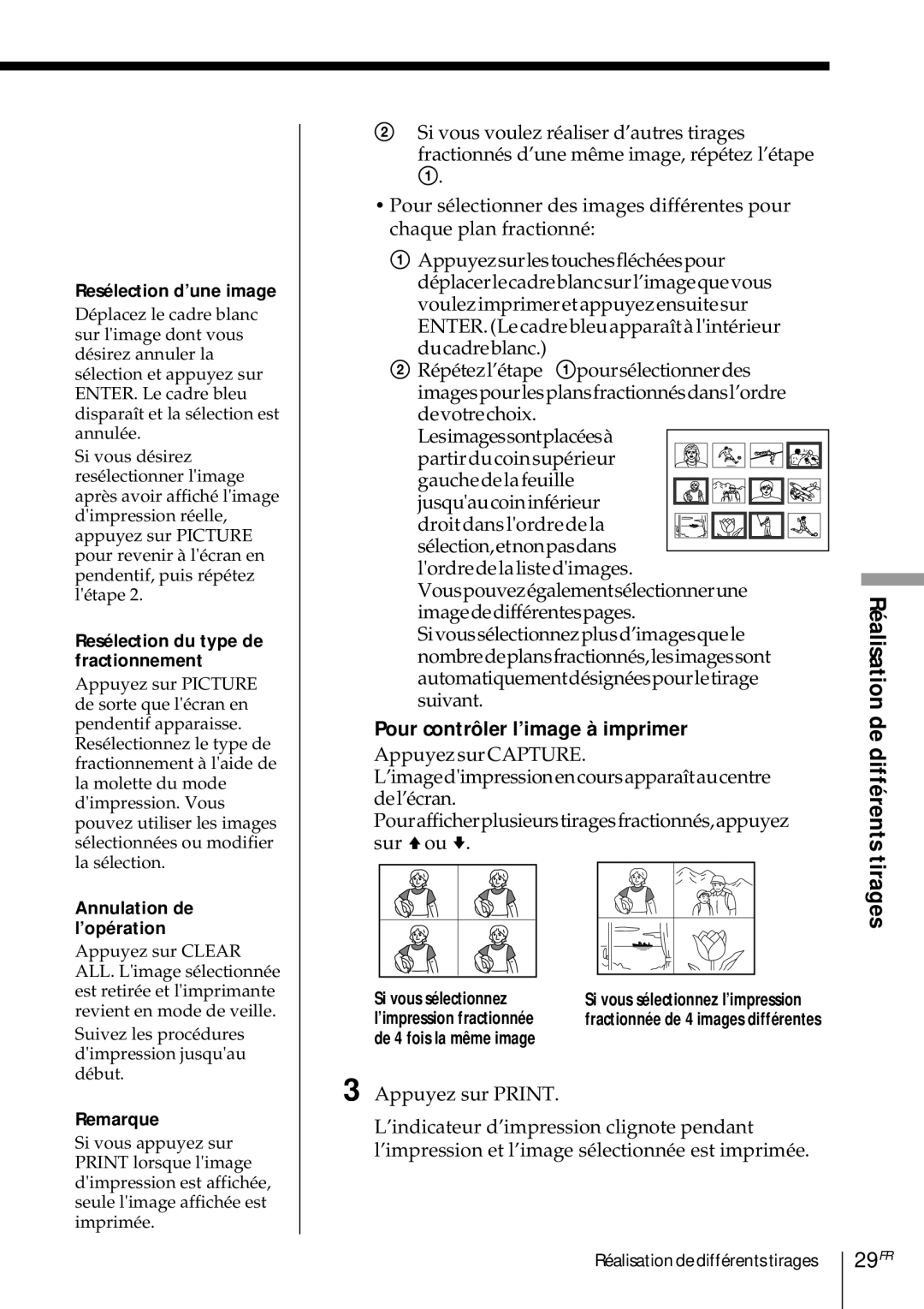 Sony DMP-1000 manual Pour contrôler l’image à imprimer, Resélection d’une image, Resélection du type de fractionnement 