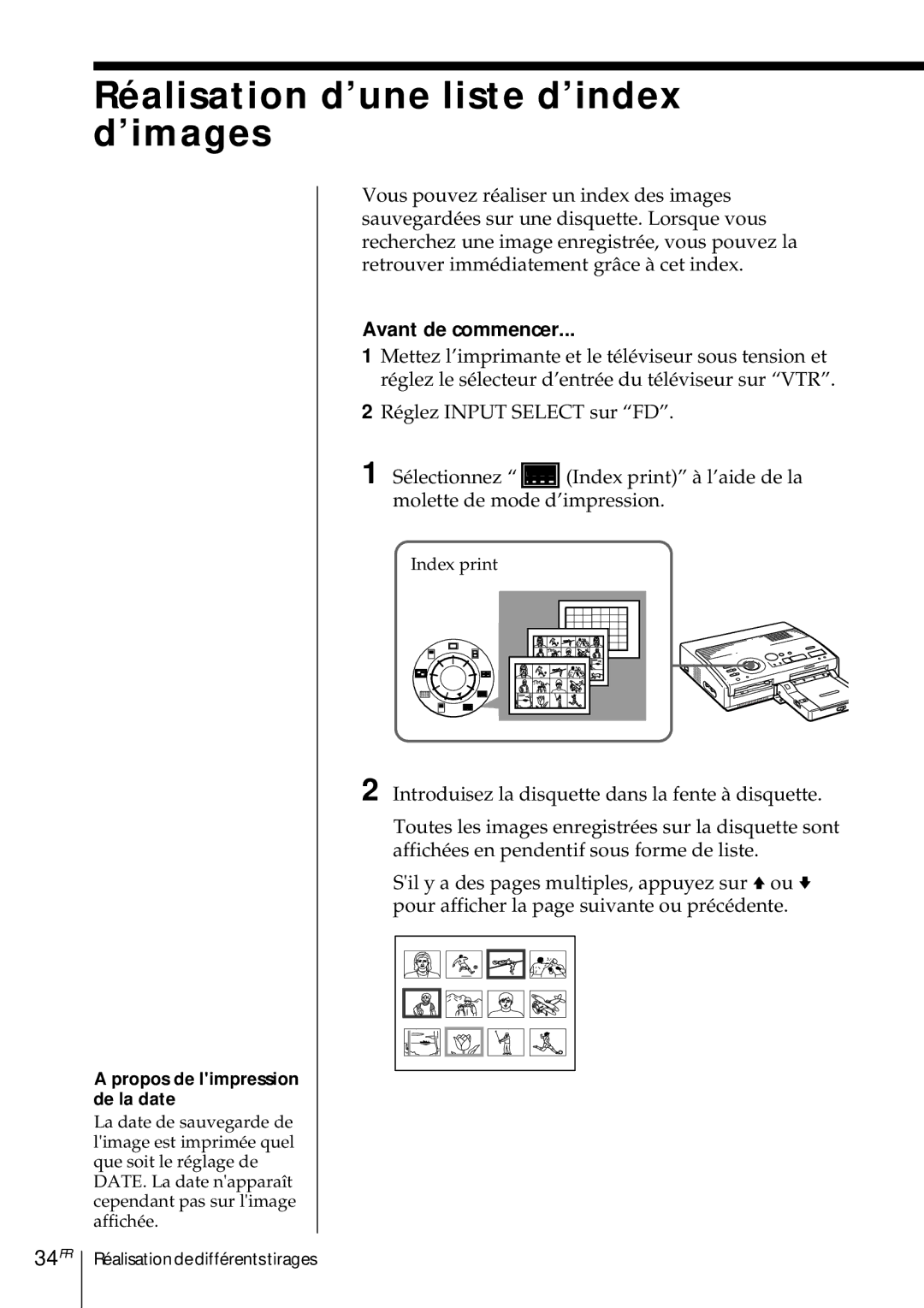 Sony DMP-1000 manual Réalisation d’une liste d’index d’images, 34FR, Propos de limpression de la date 