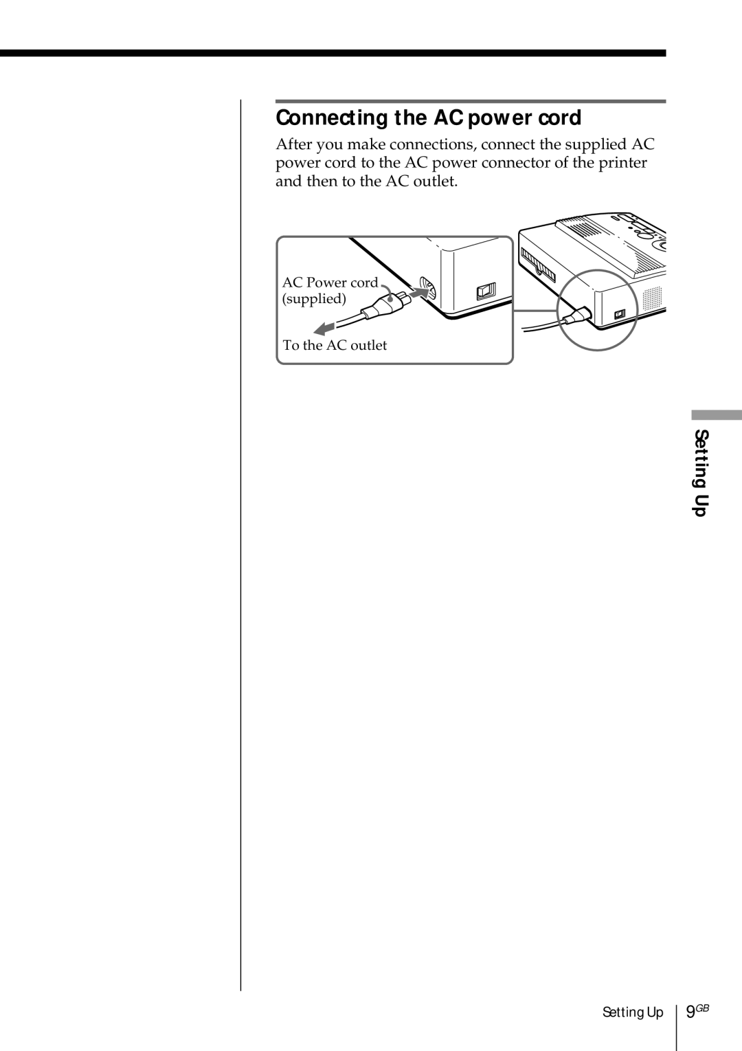 Sony DMP-1000 manual Connecting the AC power cord, Setting Up 