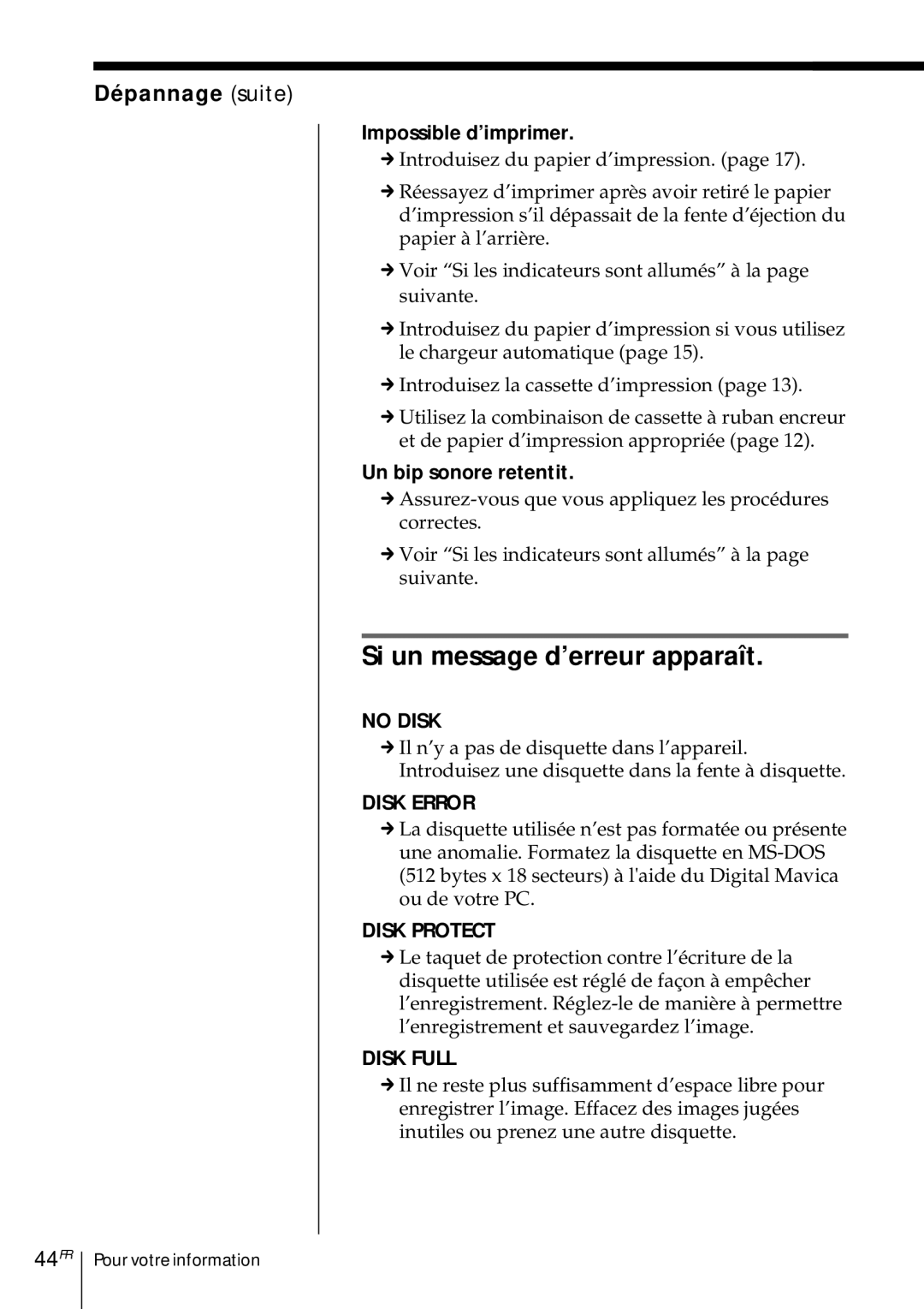 Sony DMP-1000 manual Si un message d’erreur apparaît, Dépannage suite, 44FR, Impossible d’imprimer, Un bip sonore retentit 