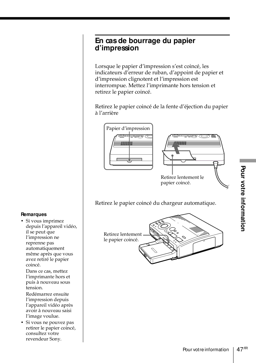 Sony DMP-1000 manual En cas de bourrage du papier d’impression, 47FR 