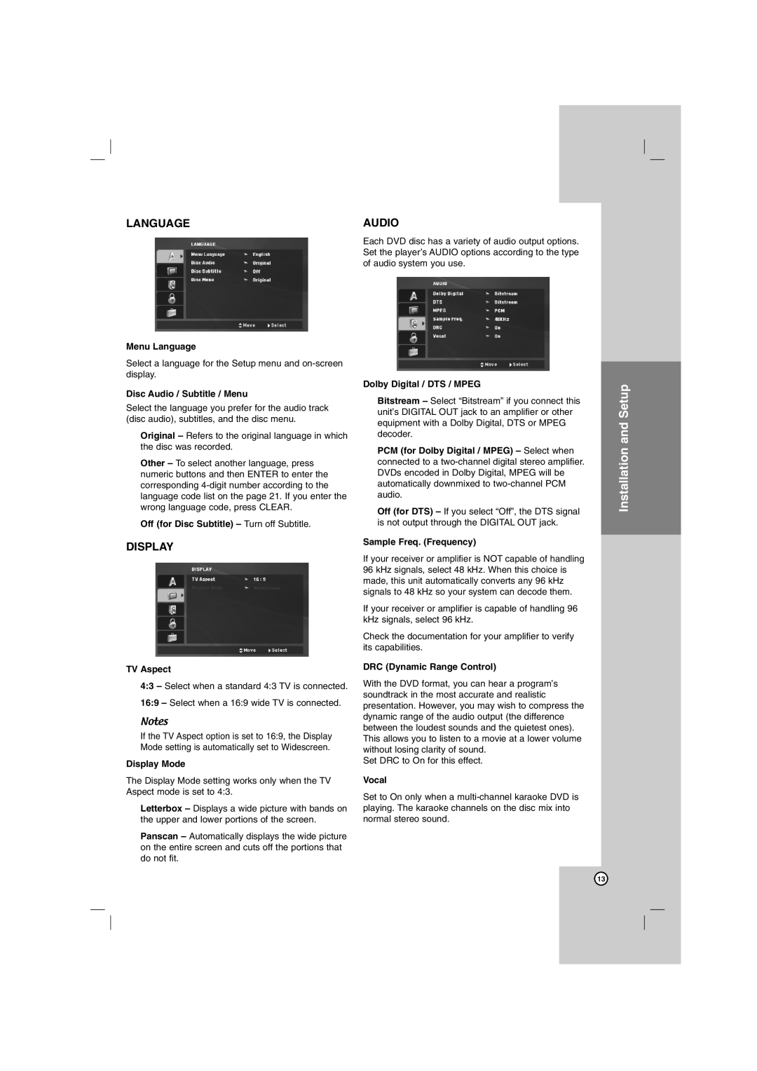 Sony DN798 Menu Language, Disc Audio / Subtitle / Menu, Off for Disc Subtitle Turn off Subtitle, TV Aspect, Display Mode 