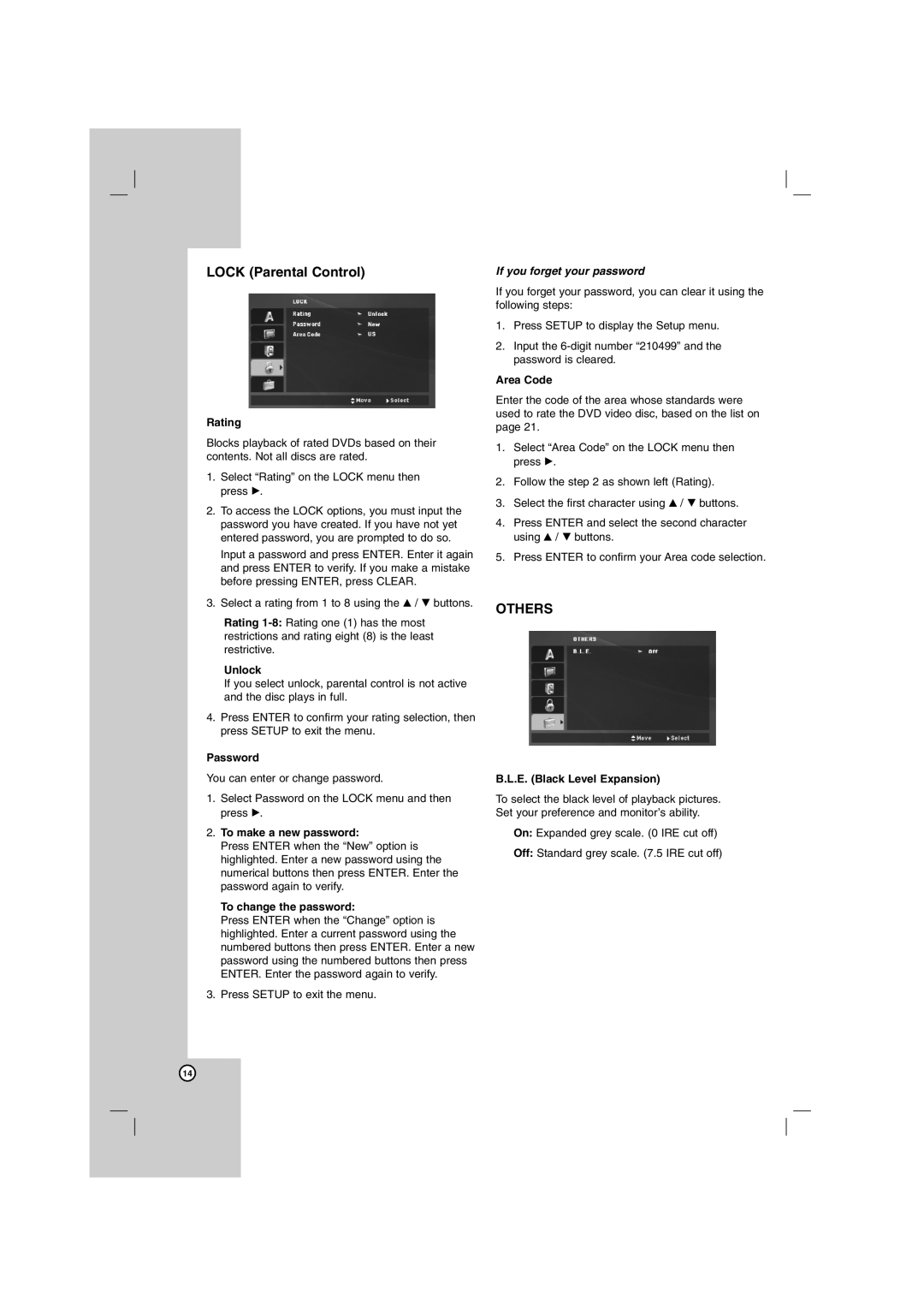 Sony DN798 Rating, Unlock, Password, To make a new password, To change the password, Area Code, E. Black Level Expansion 