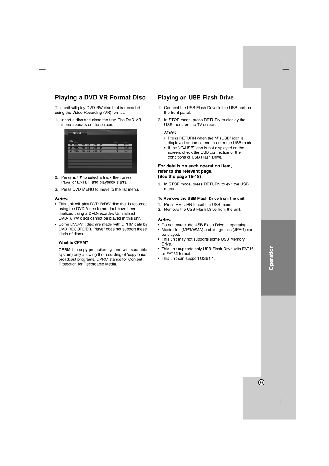 Sony DN798 owner manual Playing a DVD VR Format Disc, What is CPRM?, Stop mode, press Return to exit the USB menu 