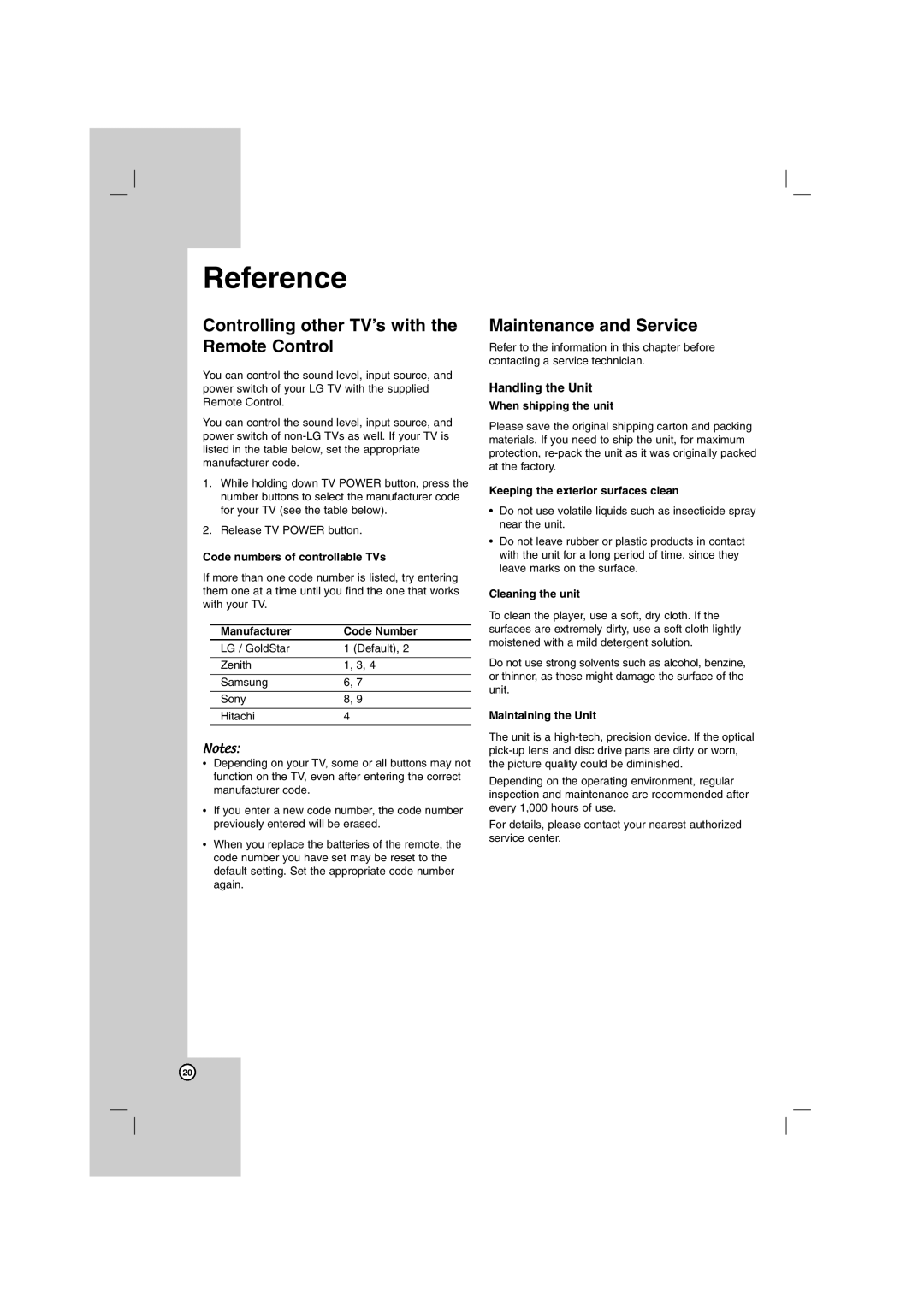 Sony DN798 Reference, Controlling other TV’s with the Remote Control, Maintenance and Service, Handling the Unit 