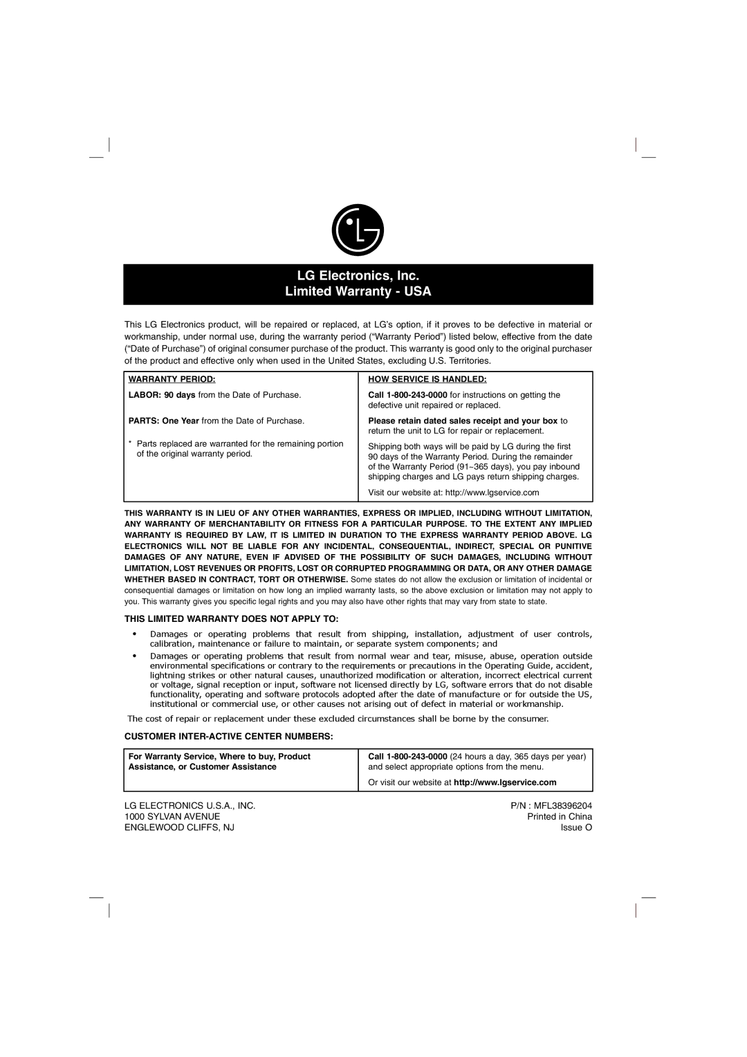 Sony DN798 owner manual This Limited Warranty does not Apply to, Customer INTER-ACTIVE Center Numbers, MFL38396204, Issue O 