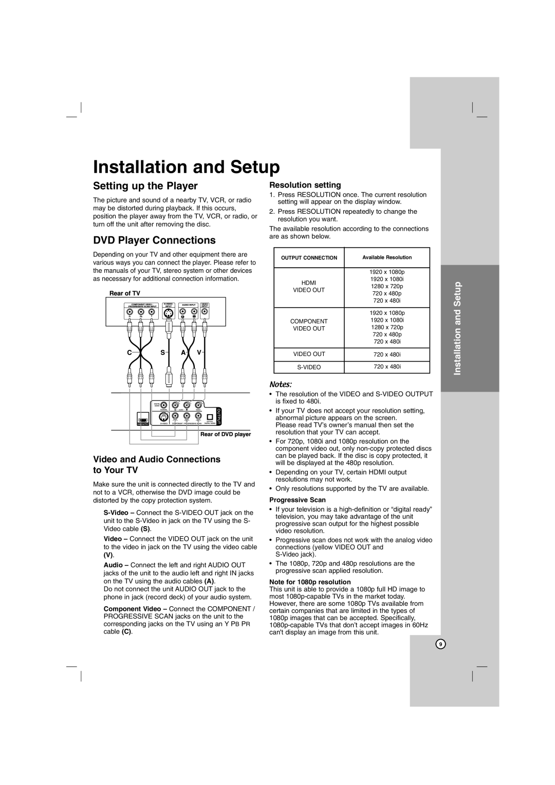 Sony DN798 owner manual Installation and Setup, Setting up the Player, DVD Player Connections, Progressive Scan 