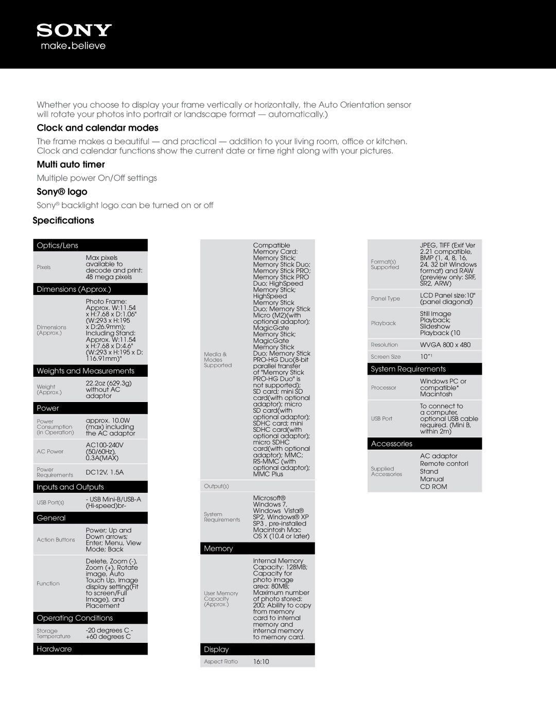 Sony DPF-D1010 manual Clock and calendar modes, Multi auto timer, Sony logo, Specifications 