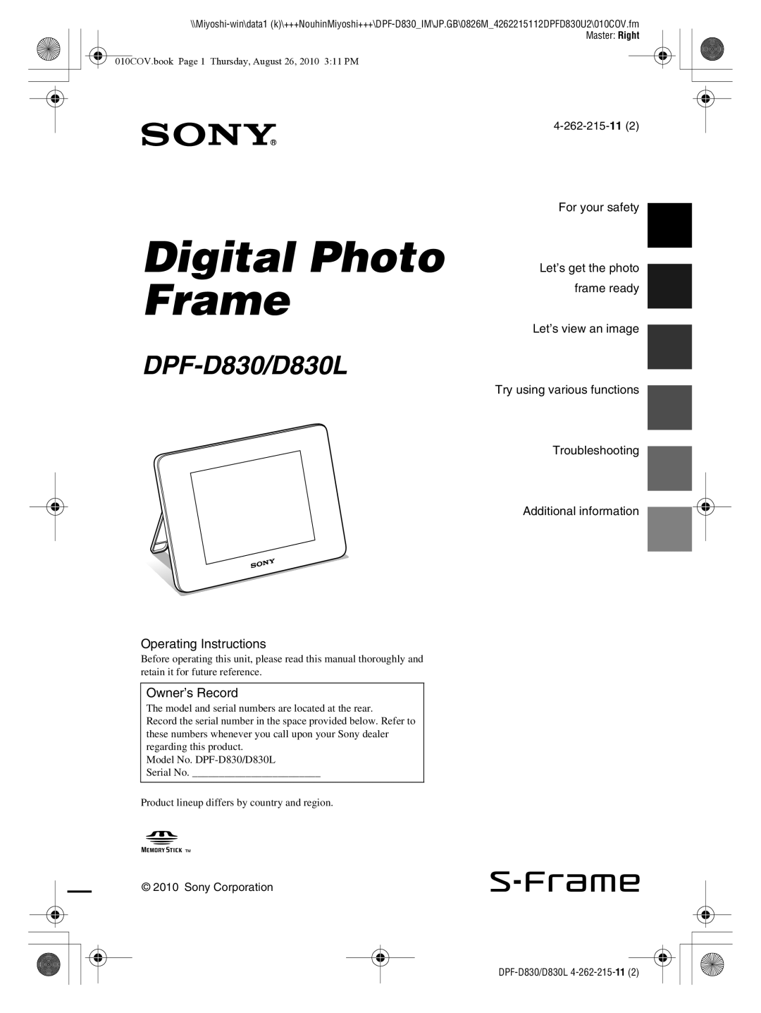 Sony DPF-D830 operating instructions Operating Instructions, Owner’s Record 