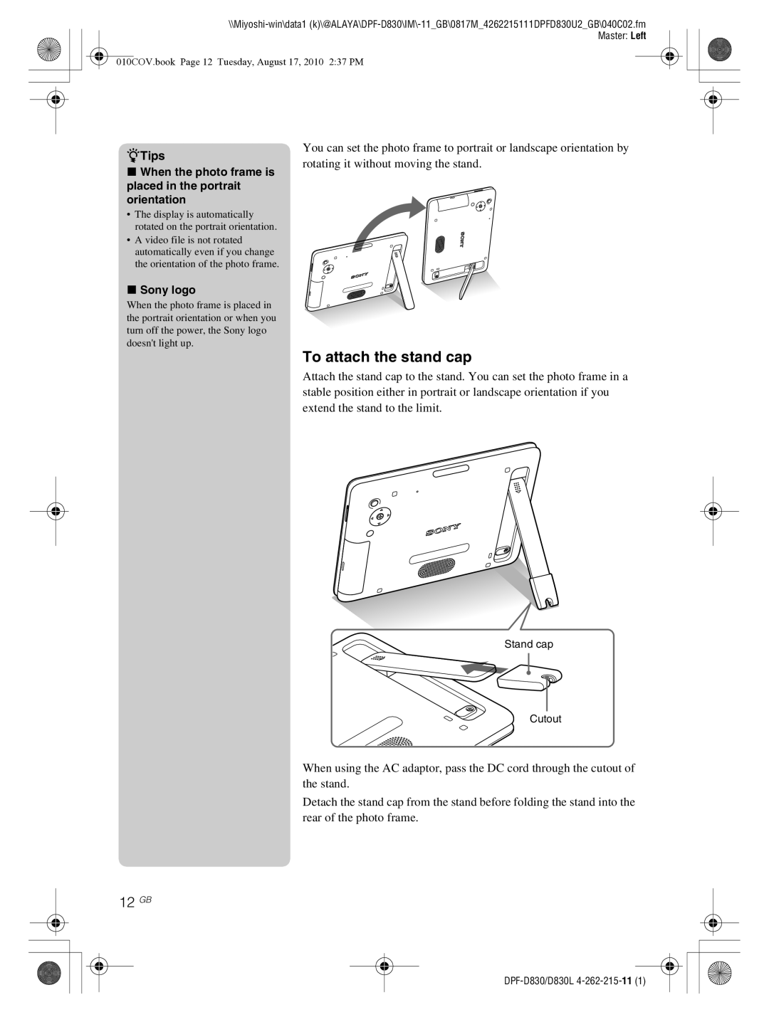 Sony DPF-D830 operating instructions To attach the stand cap, 12 GB, Sony logo 