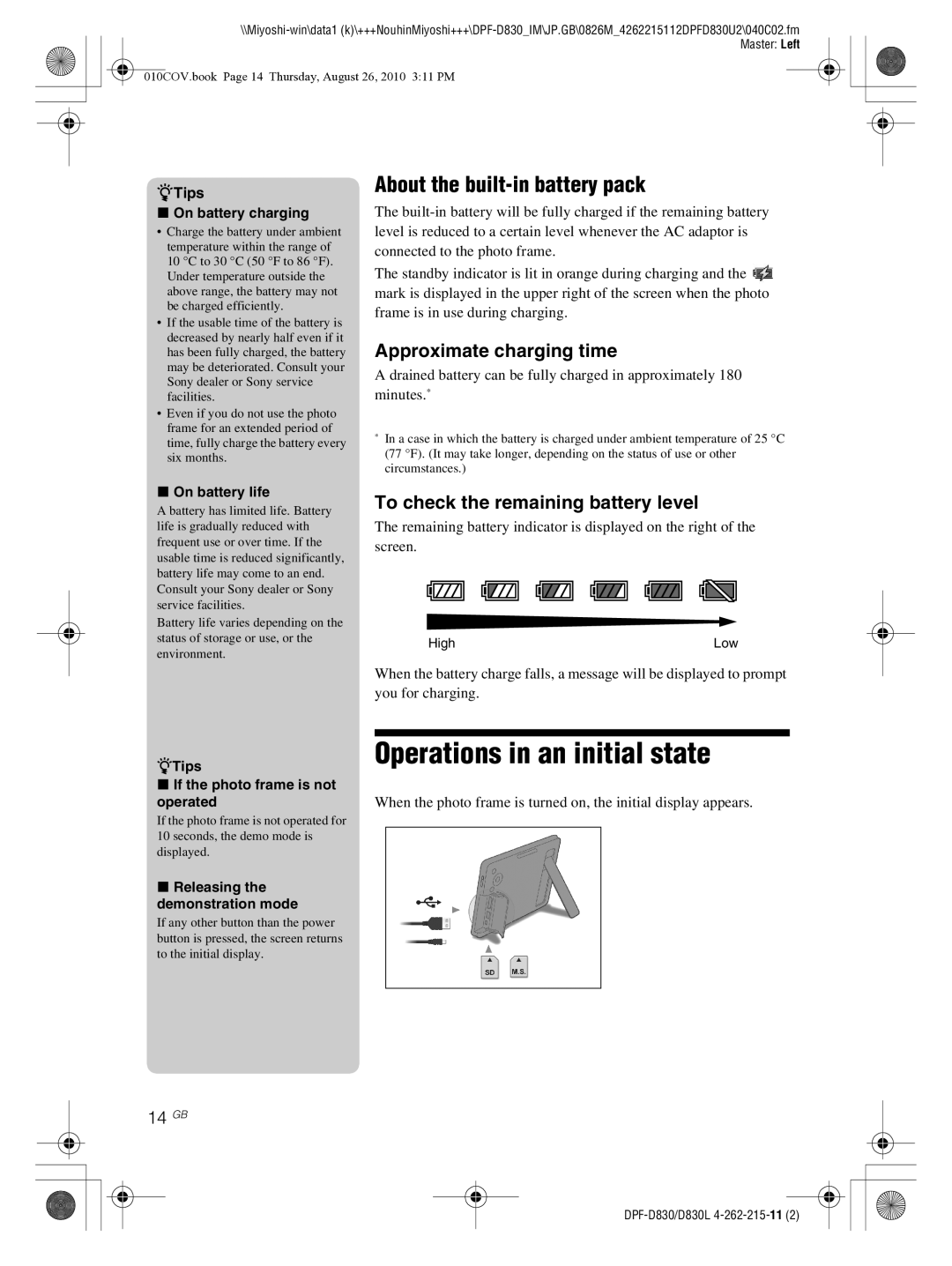 Sony DPF-D830 Operations in an initial state, About the built-in battery pack, Approximate charging time, 14 GB 