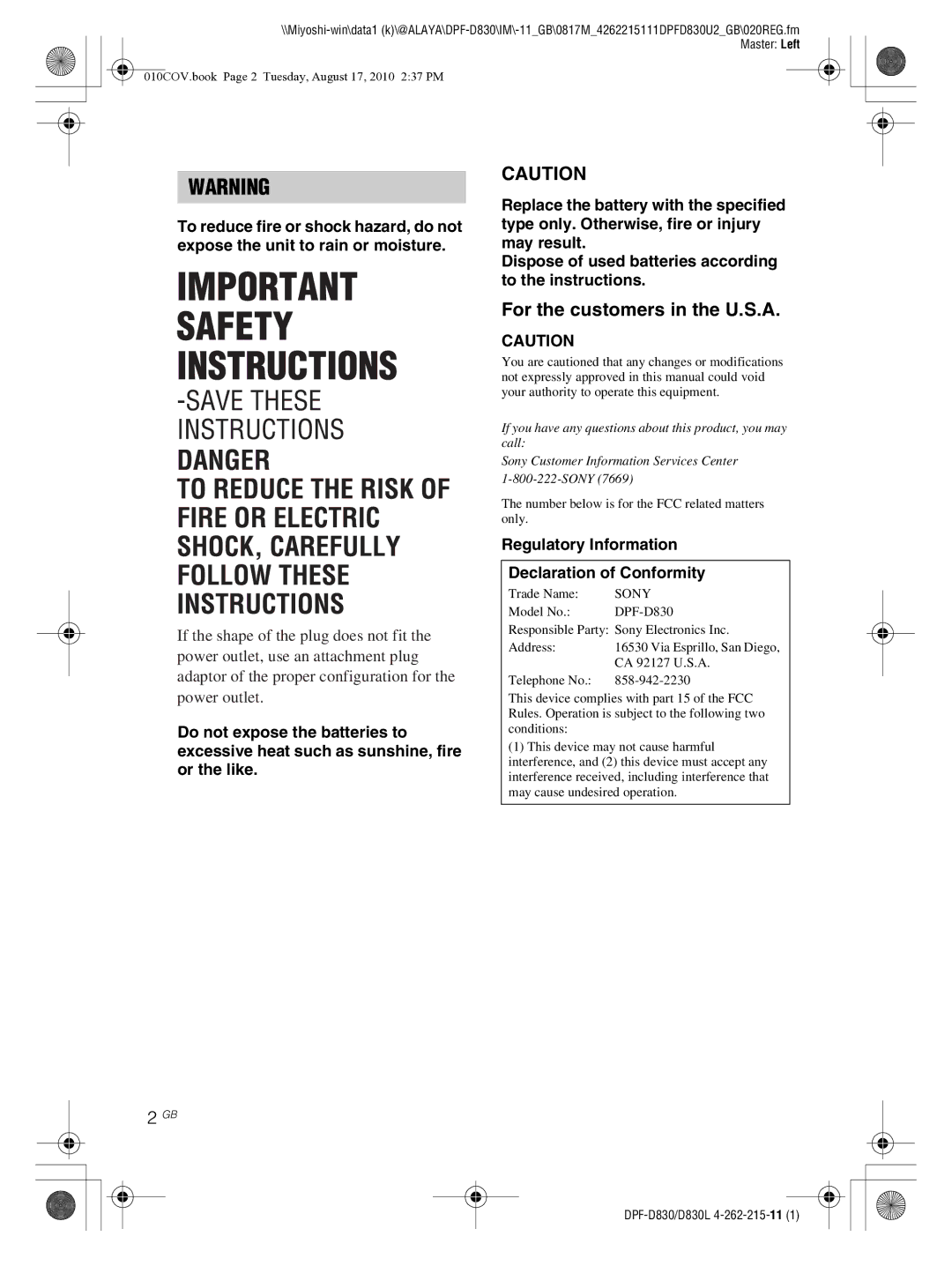 Sony DPF-D830 operating instructions For the customers in the U.S.A, Regulatory Information Declaration of Conformity 