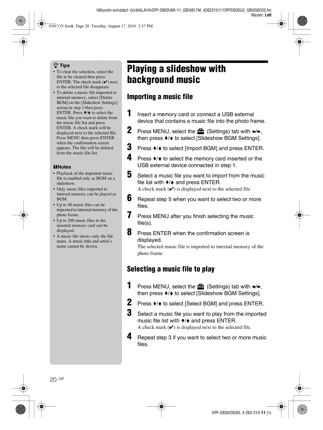 Sony DPF-D830 operating instructions Importing a music file, Selecting a music file to play, 20 GB, Tips 