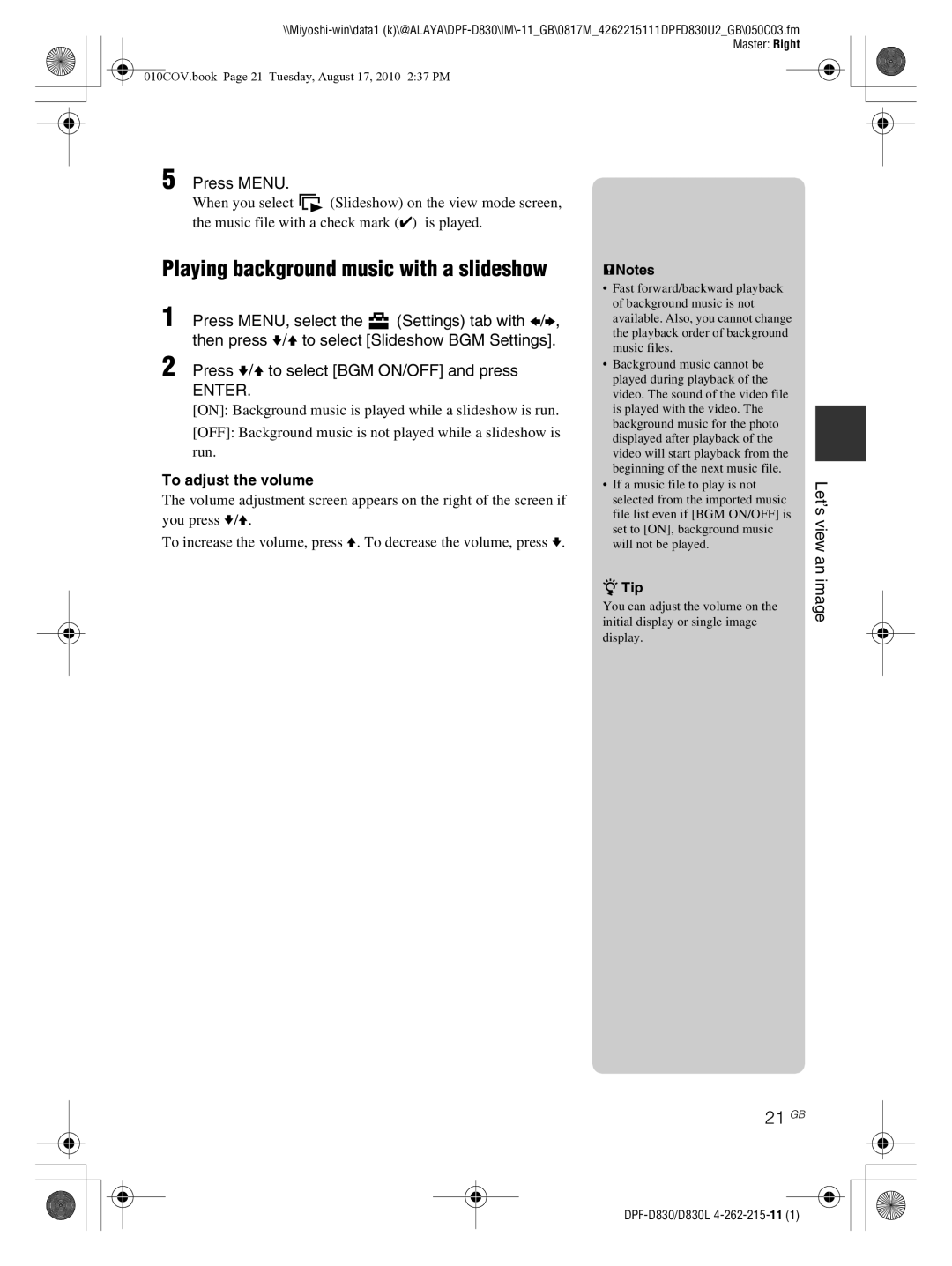 Sony DPF-D830 operating instructions 21 GB, To adjust the volume 