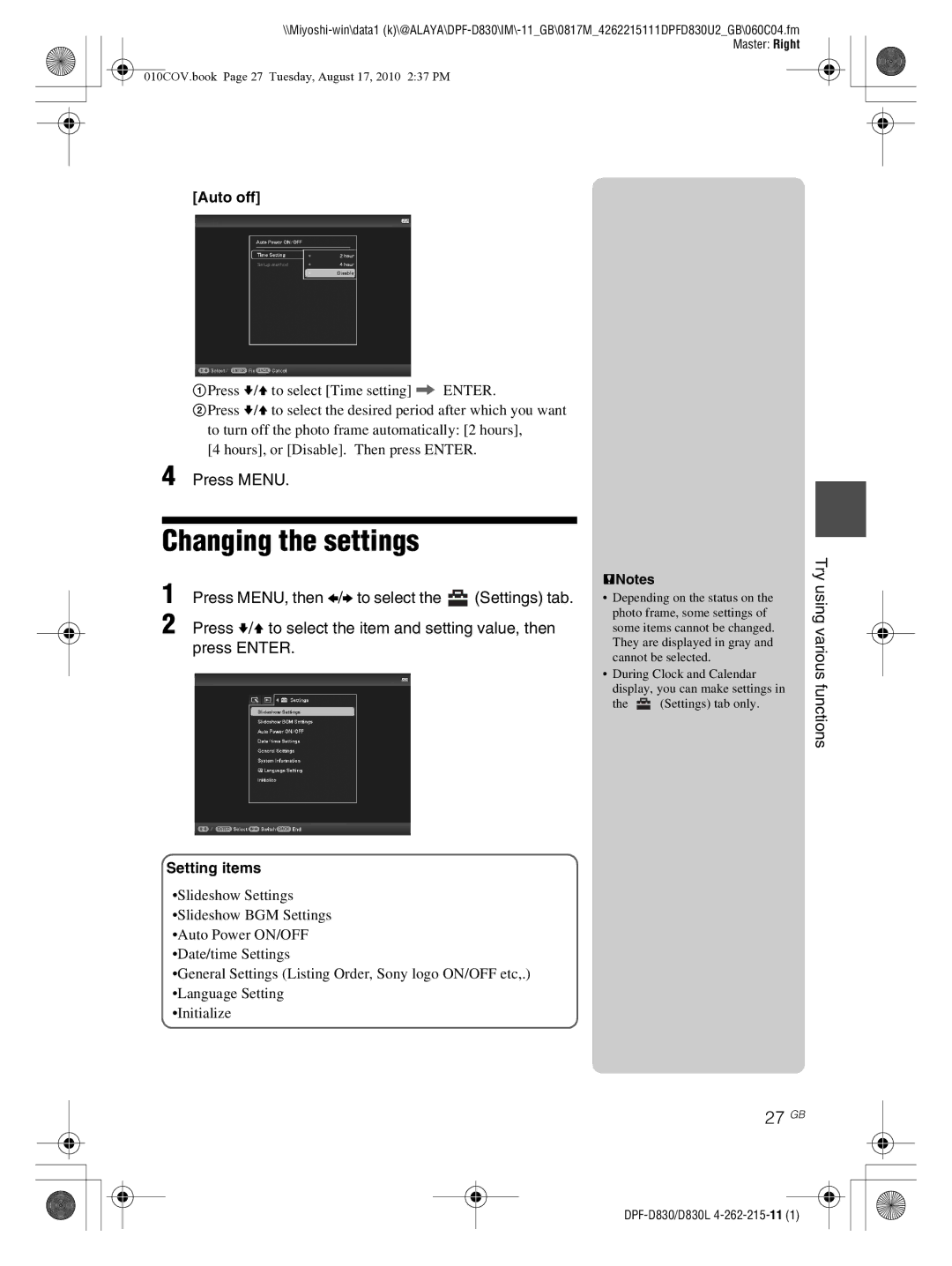 Sony DPF-D830 operating instructions Changing the settings, 27 GB, Auto off 