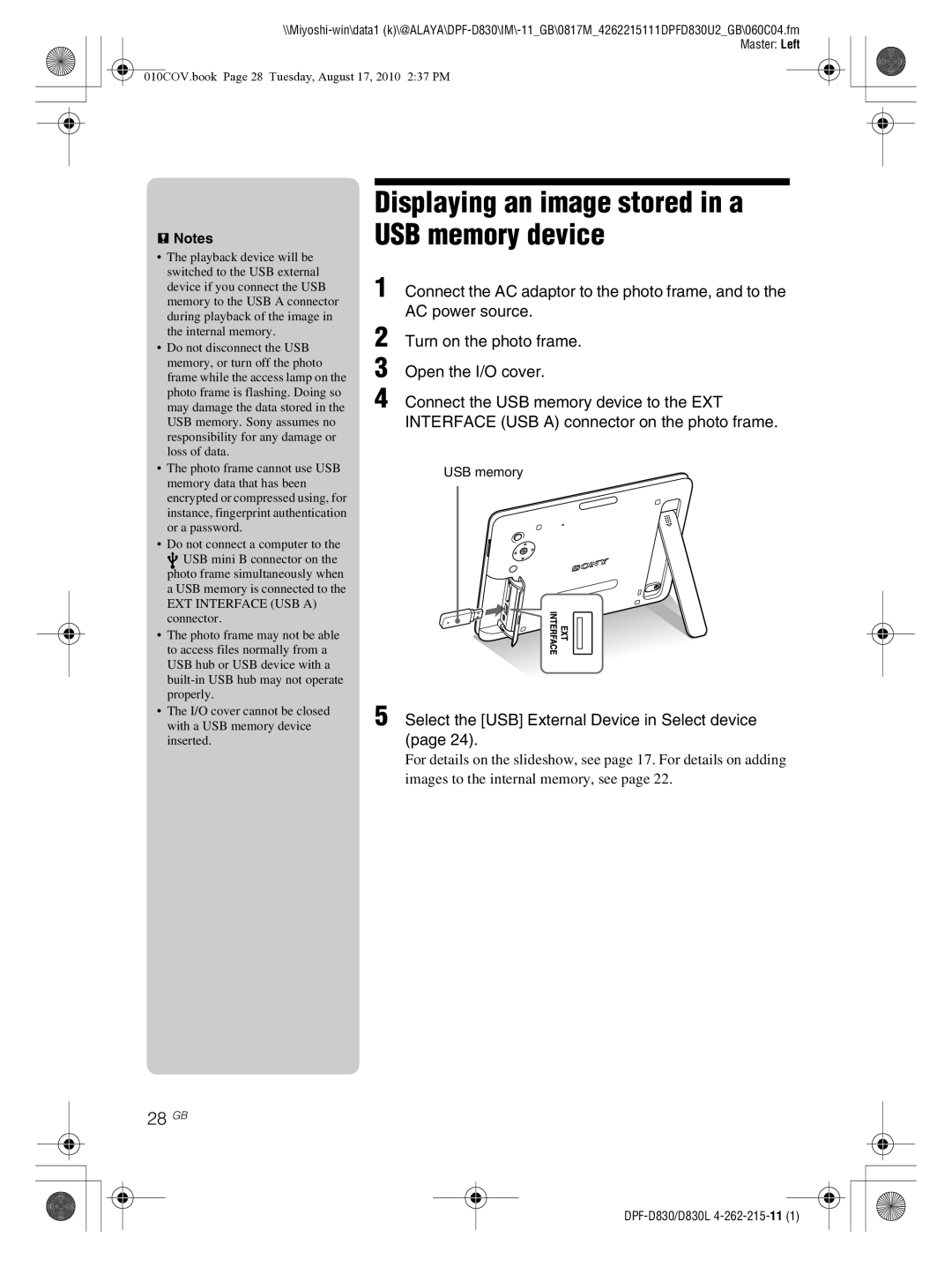 Sony DPF-D830 Displaying an image stored in a USB memory device, 28 GB, Select the USB External Device in Select device 