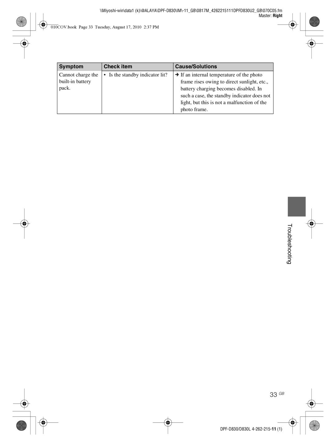 Sony DPF-D830 operating instructions 33 GB, Troubleshooting 