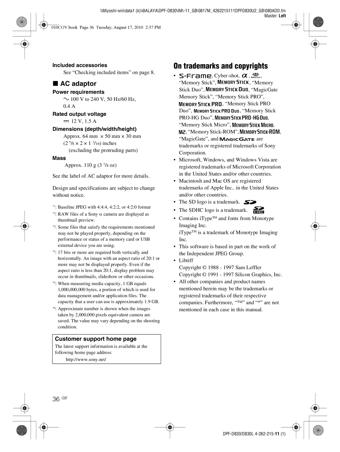 Sony DPF-D830 operating instructions On trademarks and copyrights, AC adaptor, 36 GB 