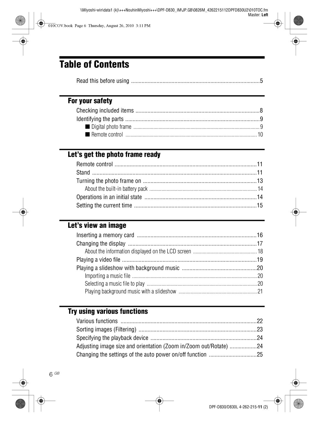 Sony DPF-D830 operating instructions Table of Contents 