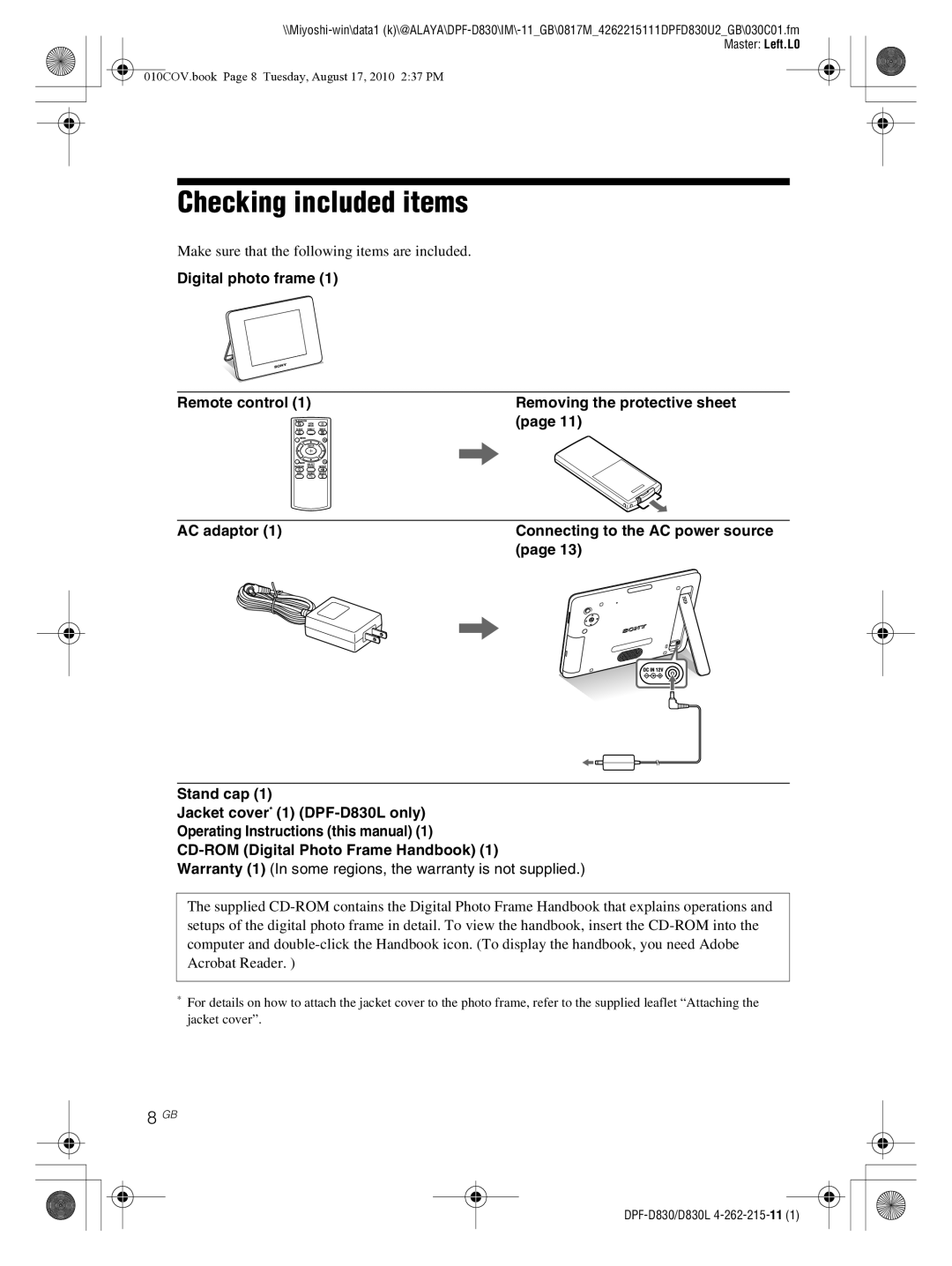 Sony DPF-D830 operating instructions Checking included items, Warranty 1 In some regions, the warranty is not supplied 