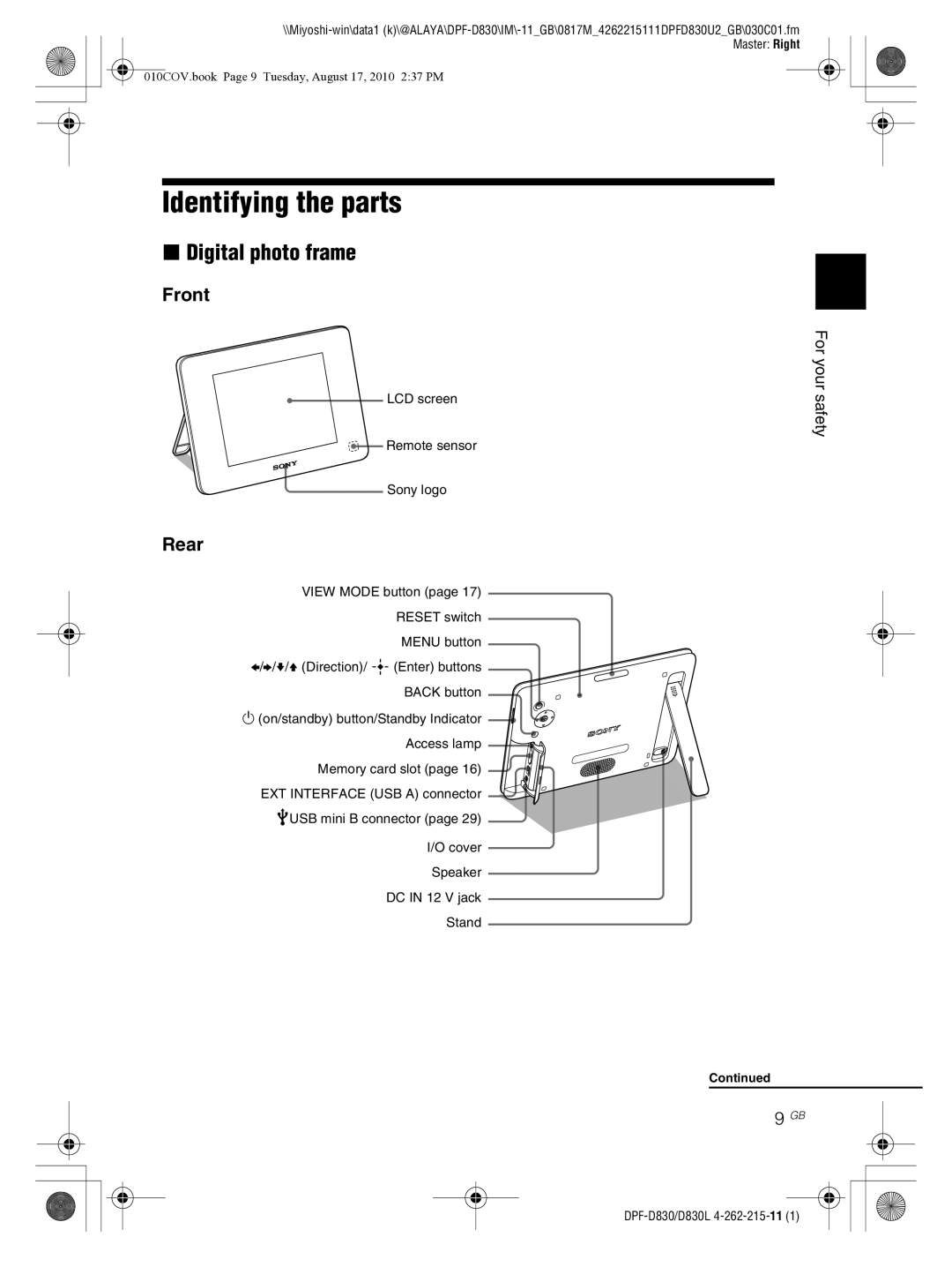 Sony DPF-D830 operating instructions Identifying the parts, Digital photo frame, Front, Rear, For your safety 