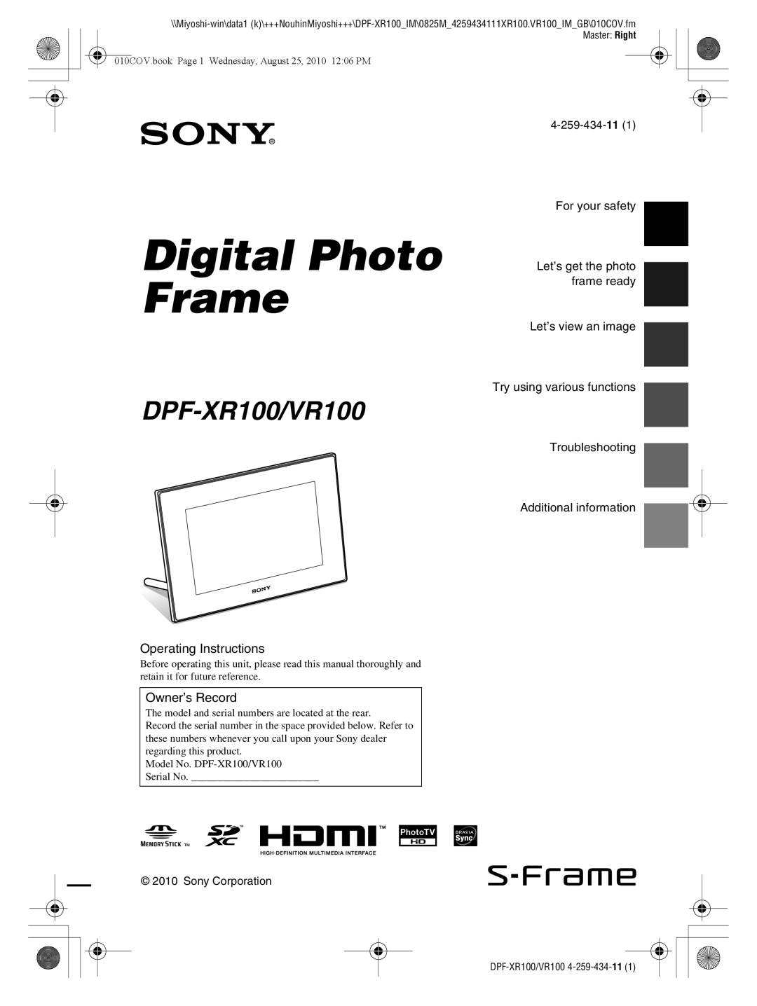 Sony DPF-VR100, DPF-XR100 operating instructions Operating Instructions, Owner’s Record 